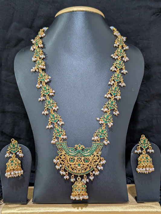 Guttapusalu Peacock Kemp stone Long Necklace and Earrings set