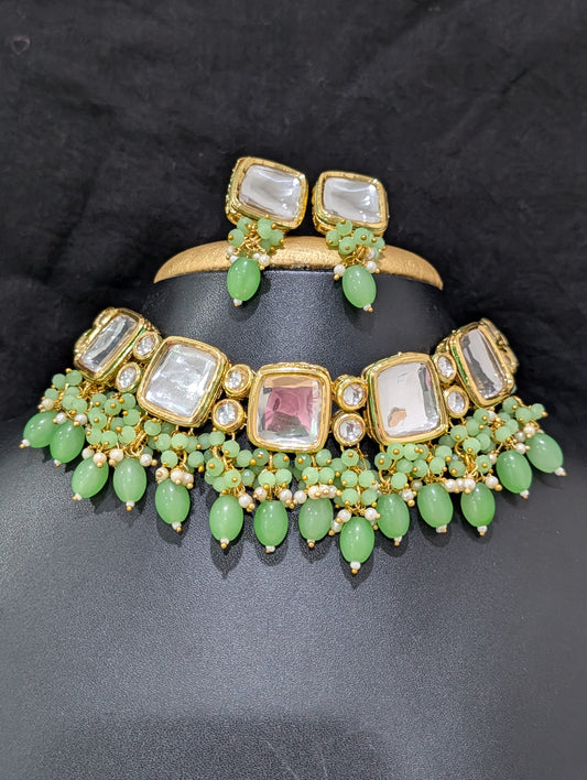 Square Kundan bead dangle Choker Set - Simpliful