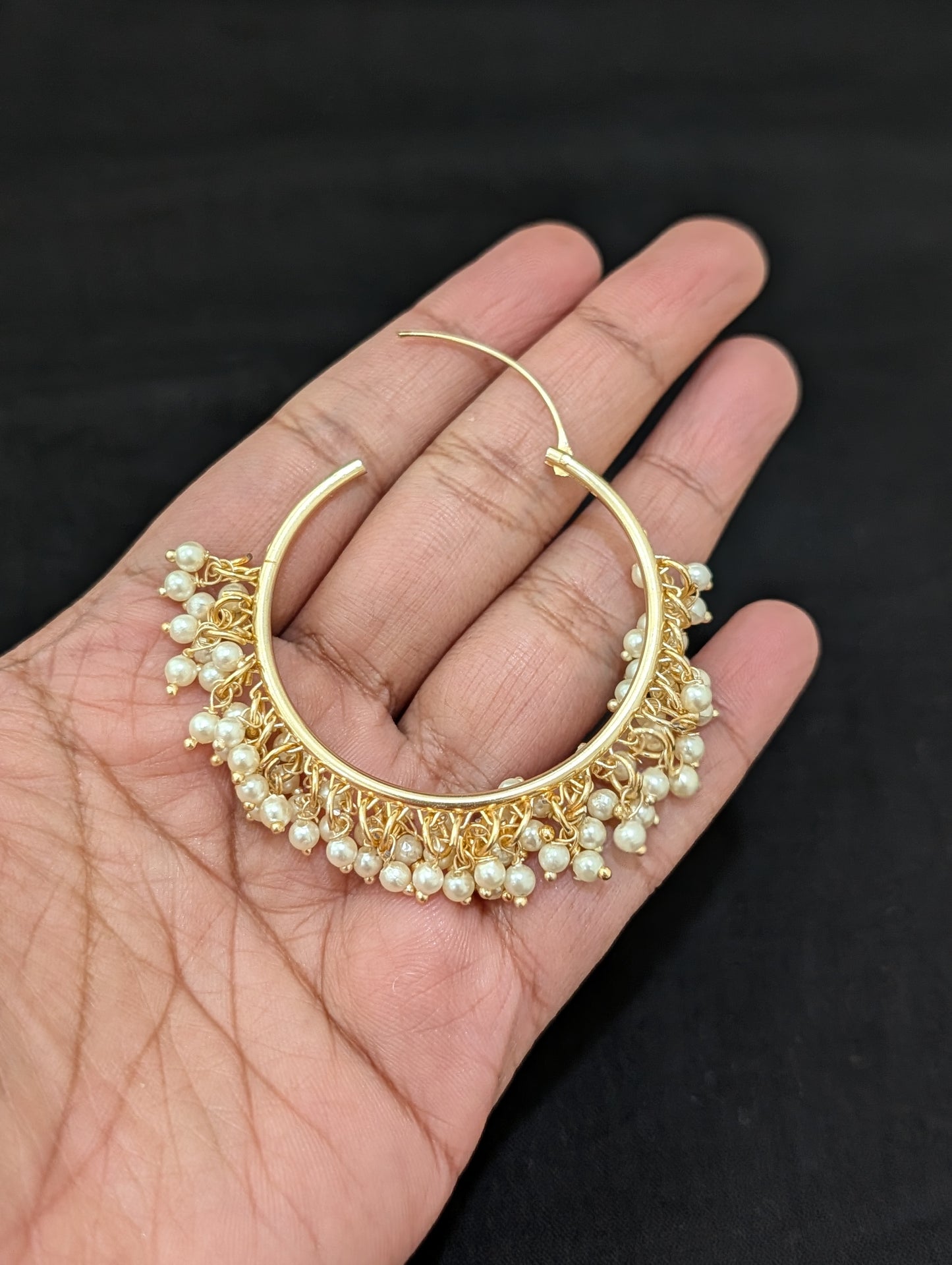 Pearl bead dangle Large hoop earrings - Simpliful