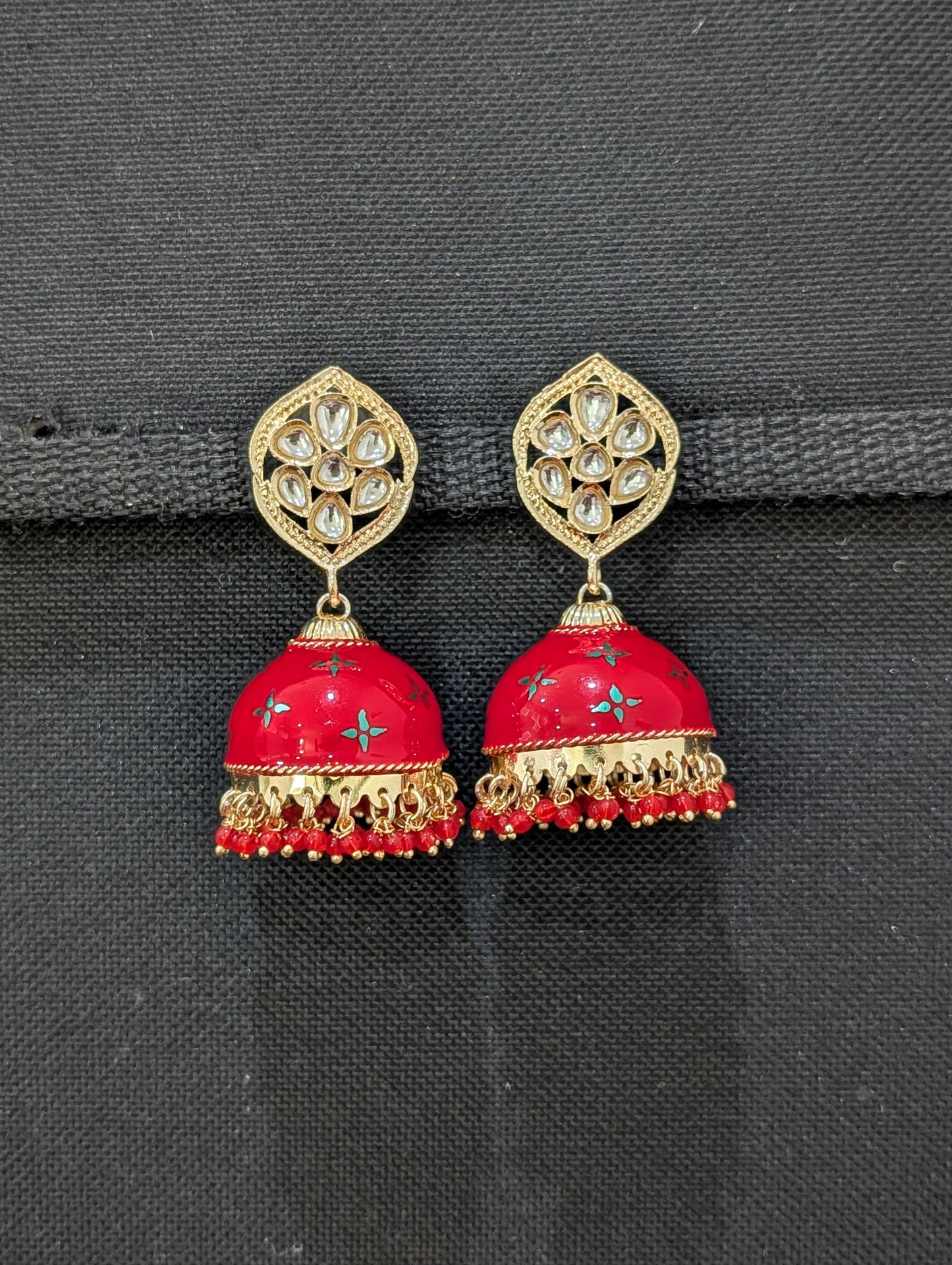 Red Enamel Kundan Jhumka Earrings