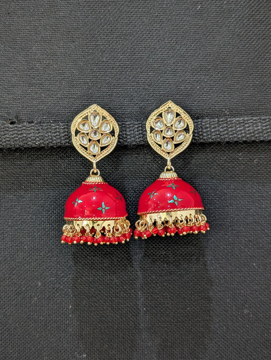 Red Enamel Kundan Jhumka Earrings