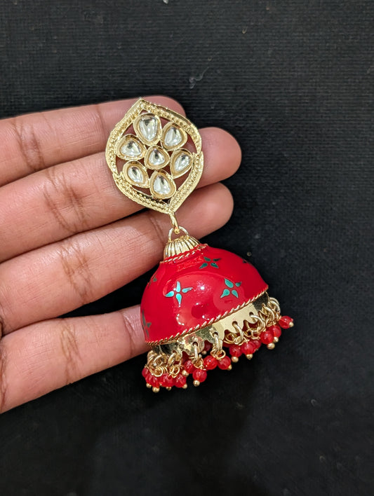 Red Enamel Kundan Jhumka Earrings