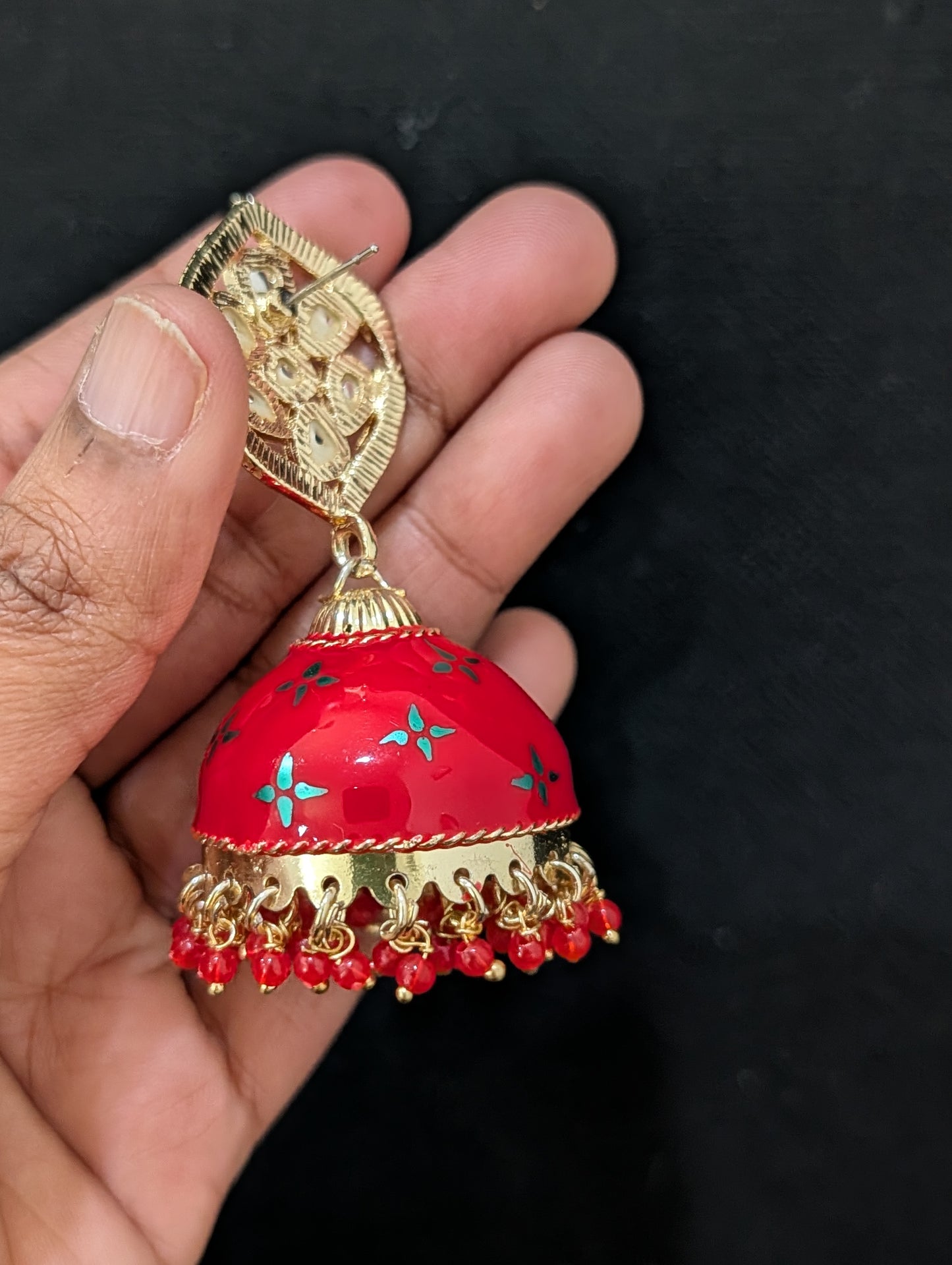 Red Enamel Kundan Jhumka Earrings