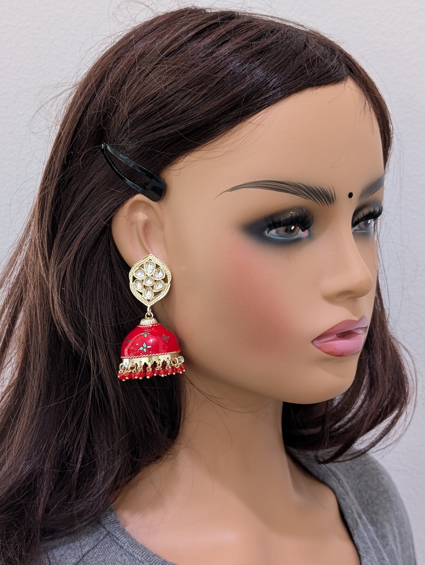 Red Enamel Kundan Jhumka Earrings