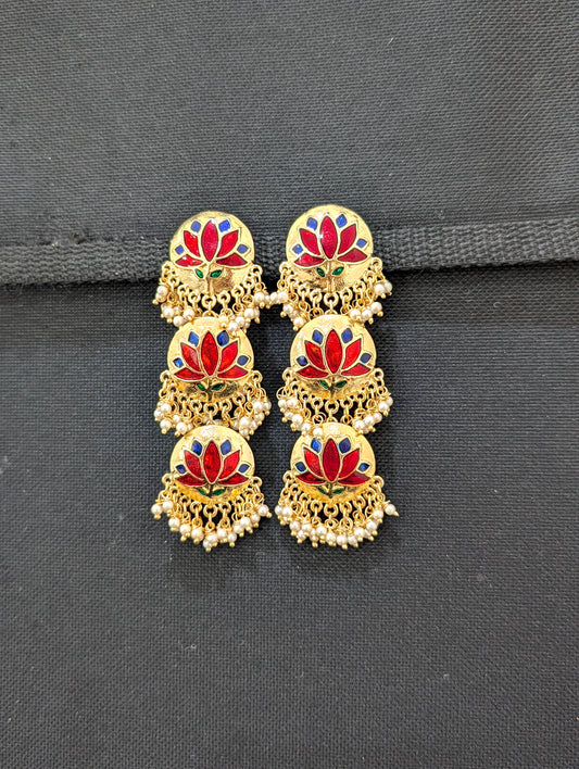 Lotus design Long Dangle Enamel Earrings