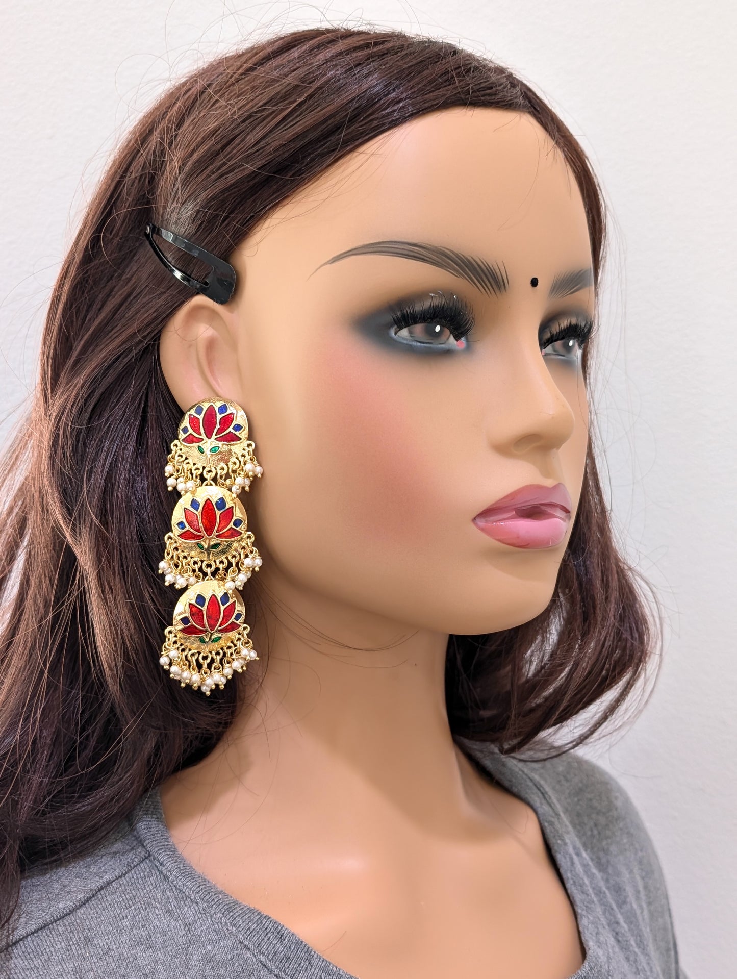 Lotus design Long Dangle Enamel Earrings