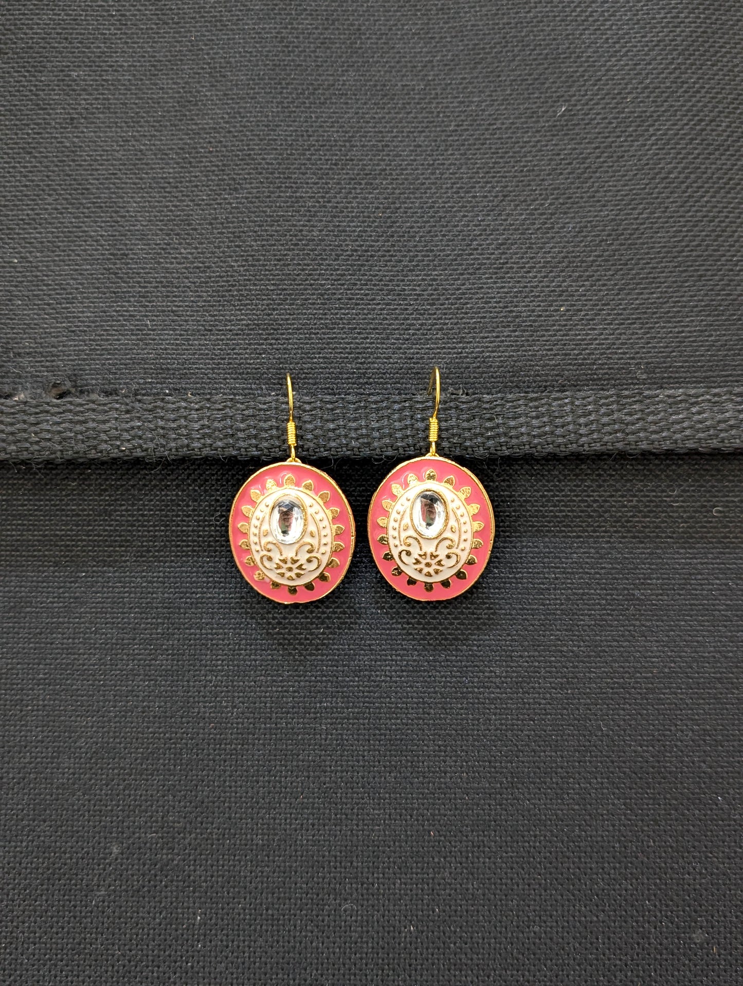 Enamel oval stud glass kundan hook drop Earrings