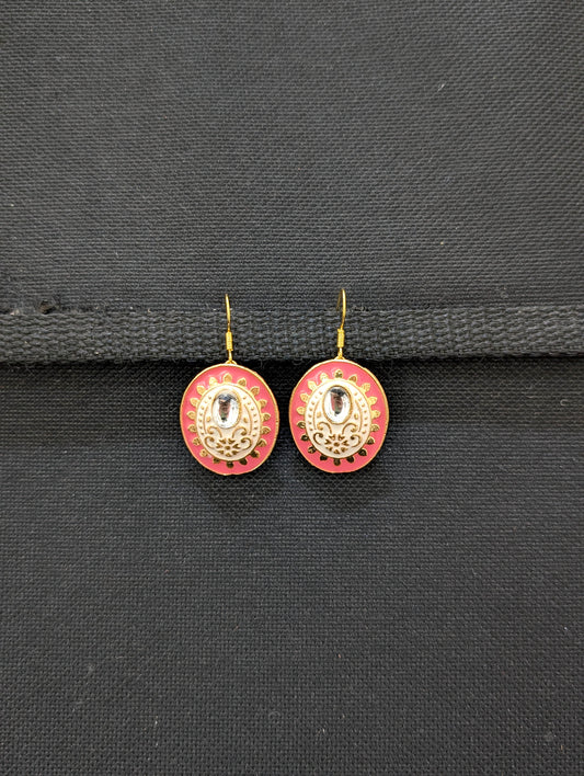 Enamel oval stud glass kundan hook drop Earrings