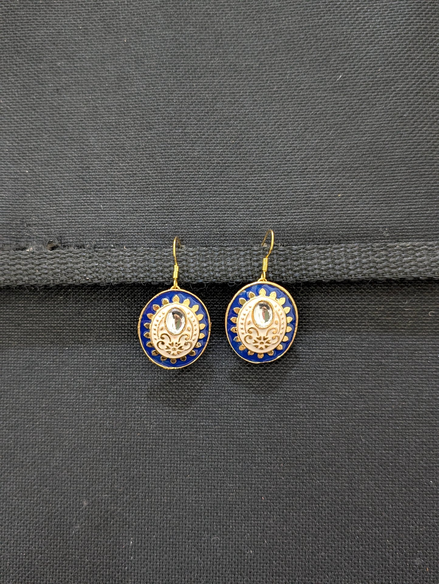Enamel oval stud glass kundan hook drop Earrings