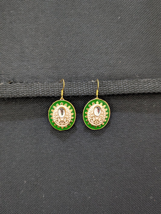 Enamel oval stud glass kundan hook drop Earrings