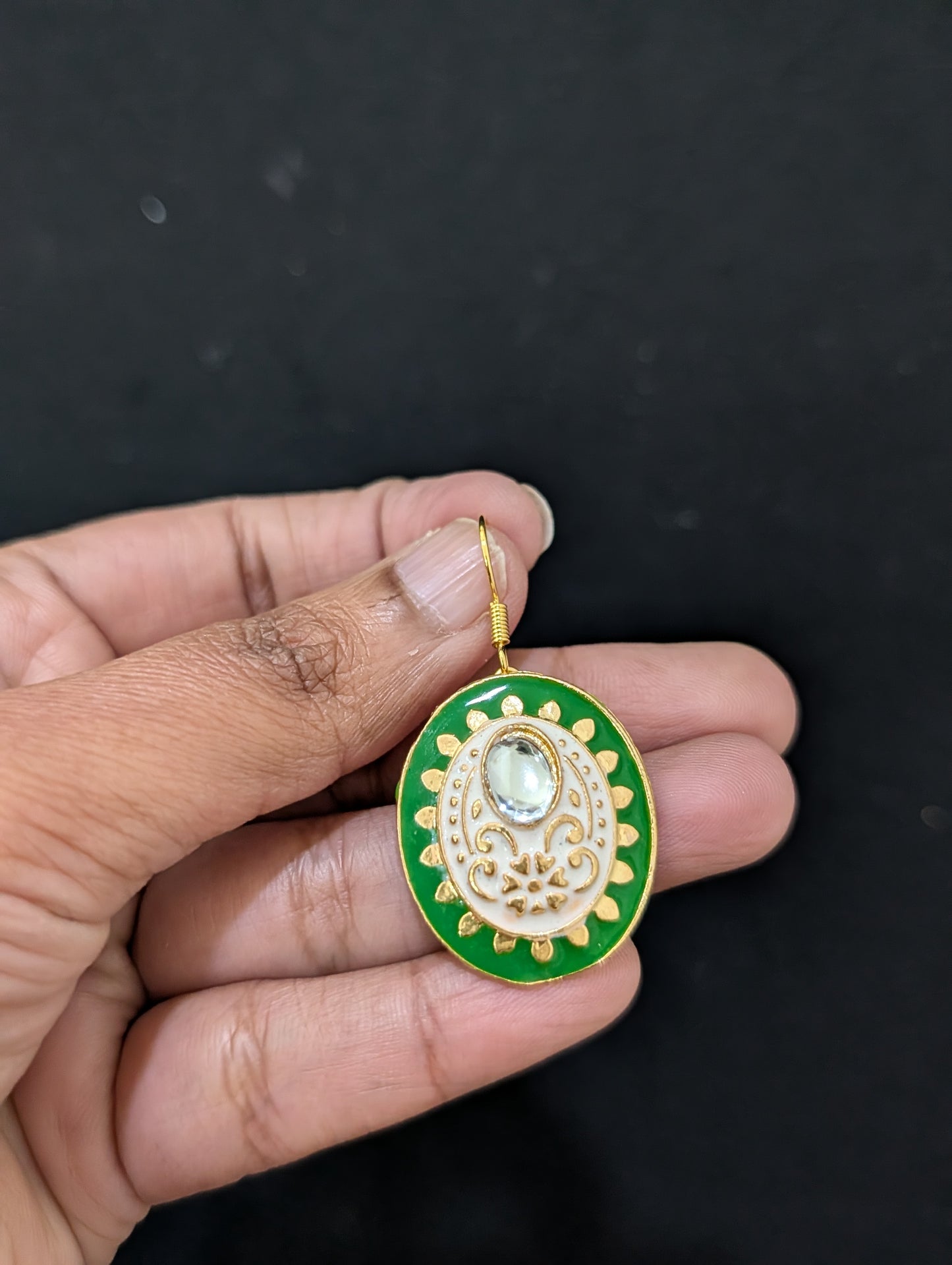 Enamel oval stud glass kundan hook drop Earrings