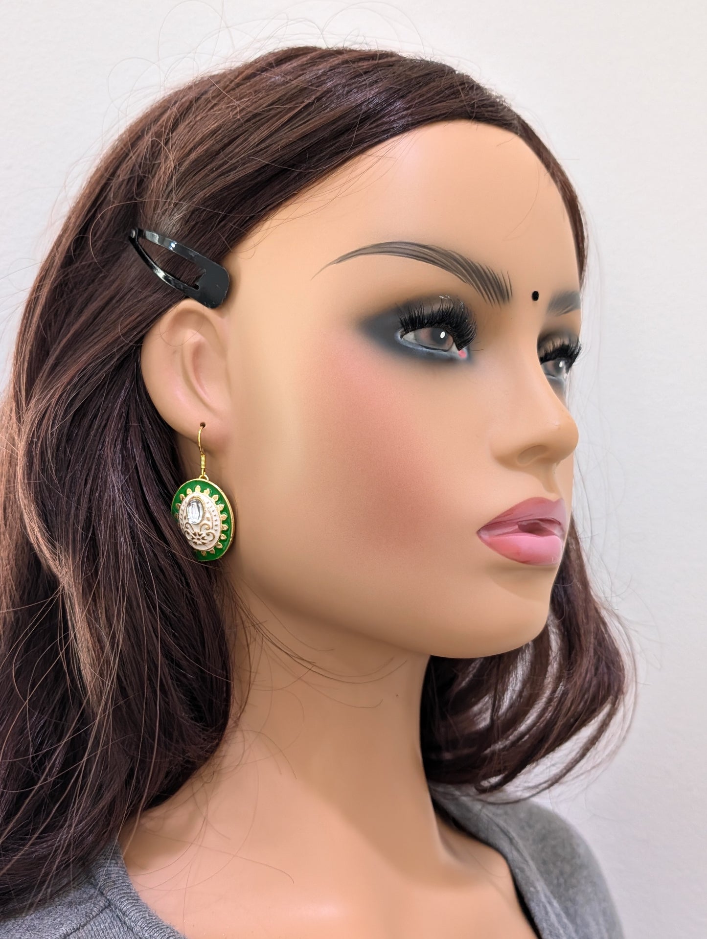 Enamel oval stud glass kundan hook drop Earrings