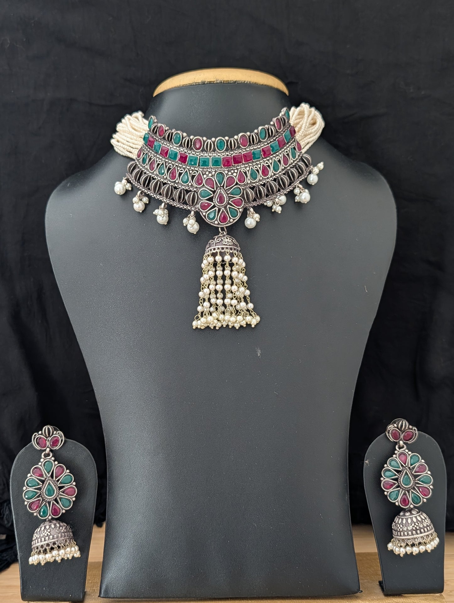 Jhumka dangle Grand Antique Silver Statement Choker set
