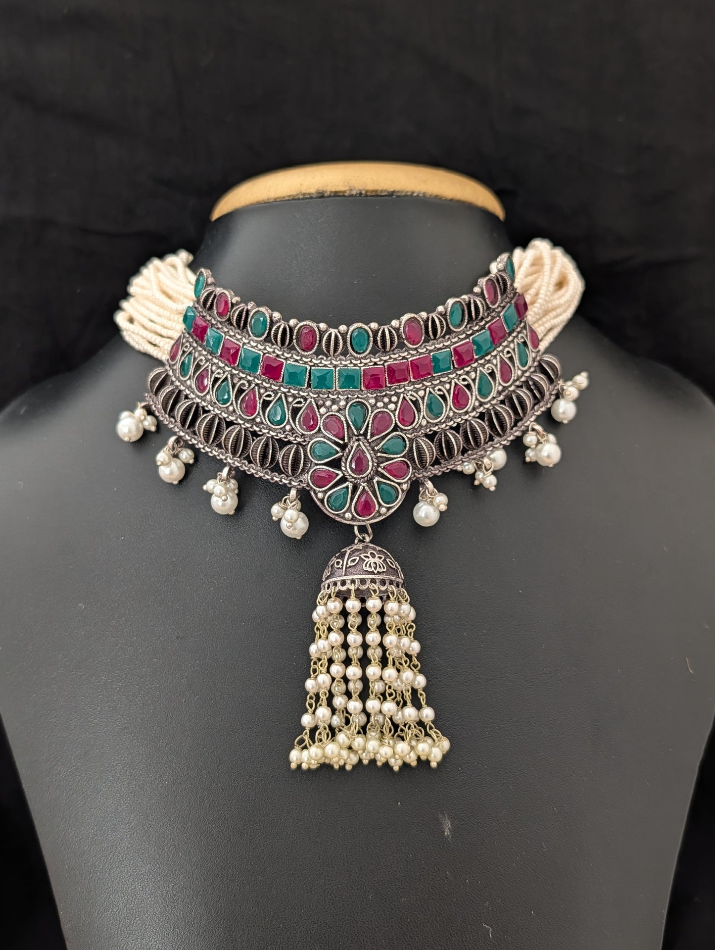 Jhumka dangle Grand Antique Silver Statement Choker set