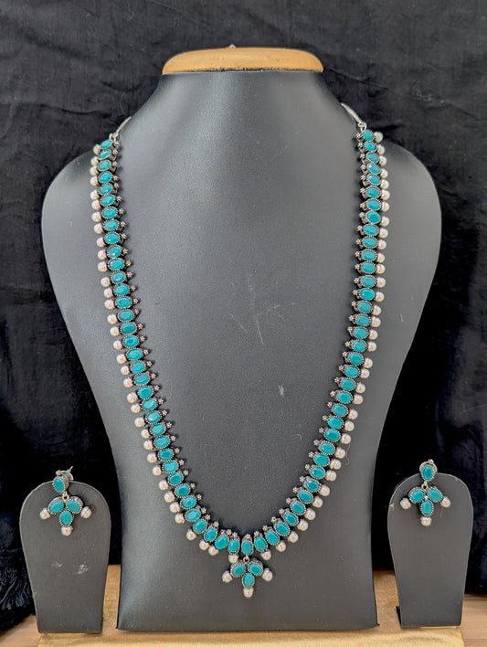 Oxidized Silver Green Oval Polki stone Long necklace and stud earrings - Simpliful