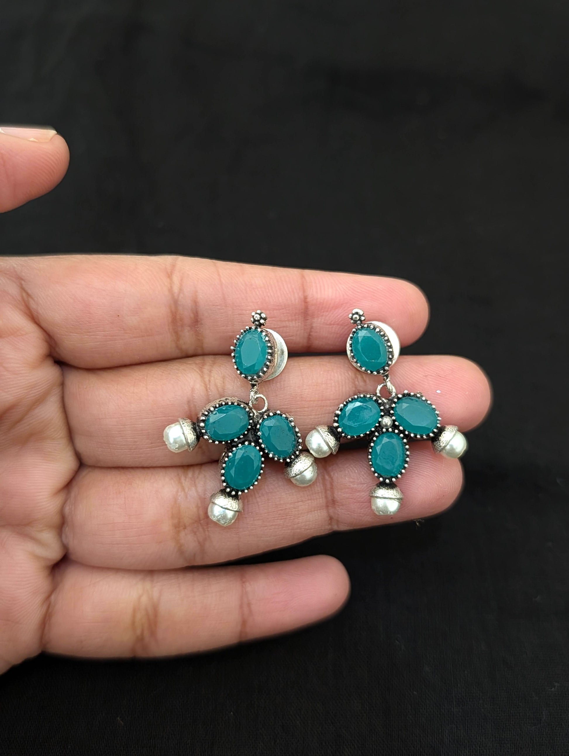 Oxidized Silver Green Oval Polki stone Long necklace and stud earrings - Simpliful