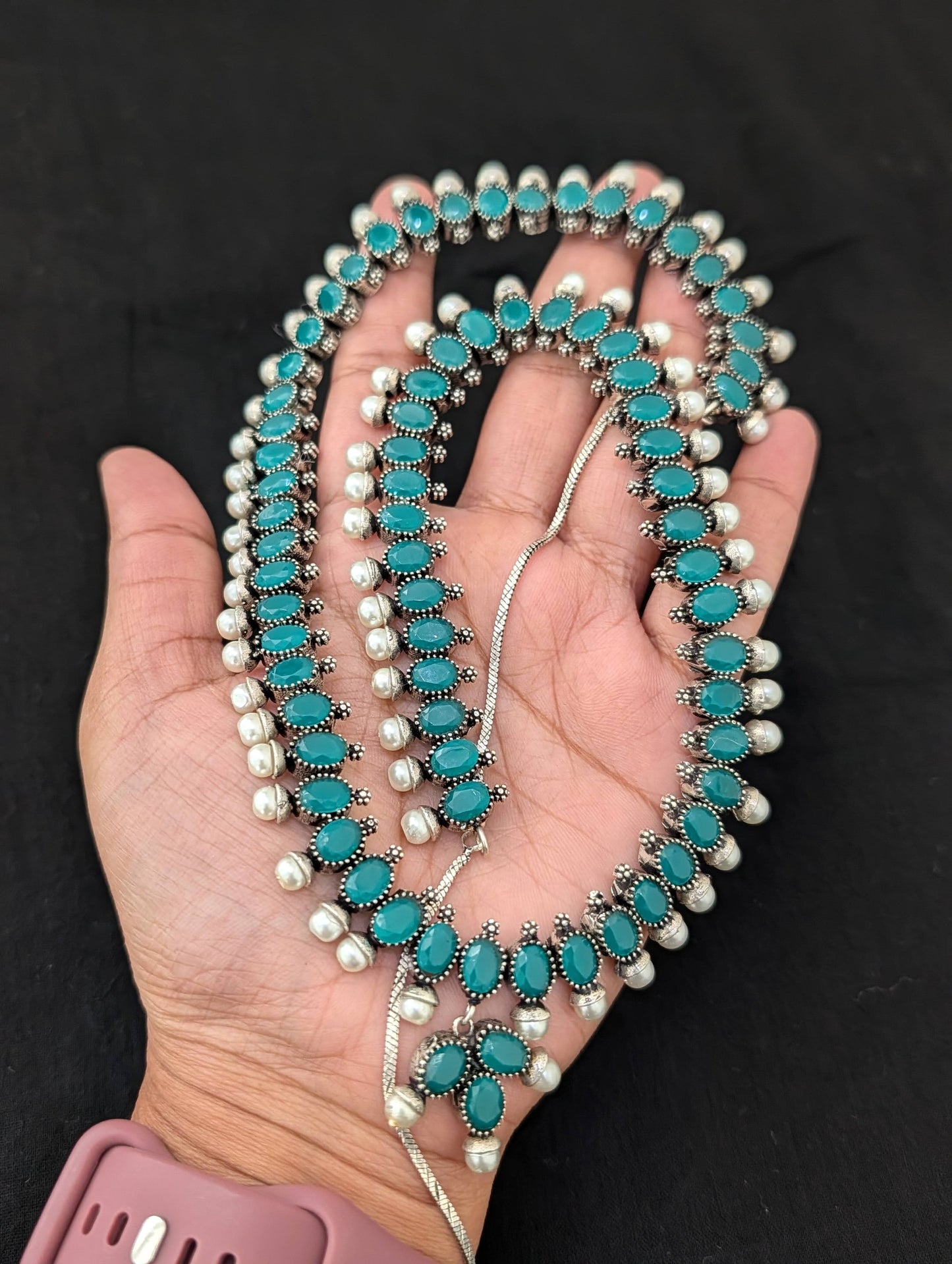 Oxidized Silver Green Oval Polki stone Long necklace and stud earrings - Simpliful