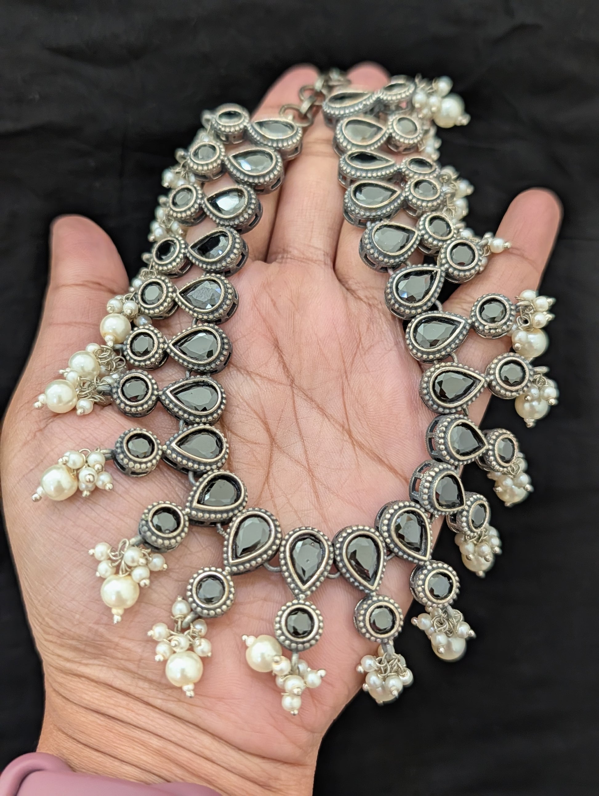 Pearl cluster dangle CZ stone German Silver Choker set - Simpliful