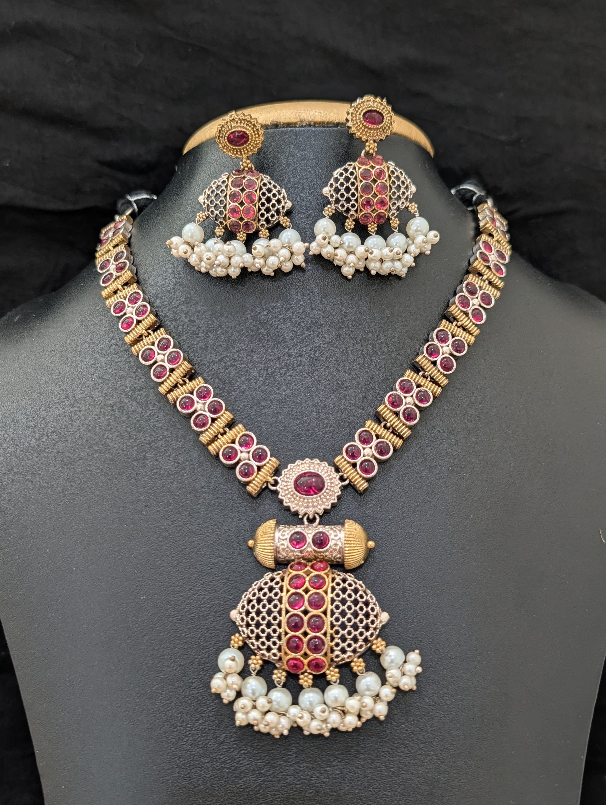 Guttapusalu CZ stone German silver Choker and Earrings set - Simpliful
