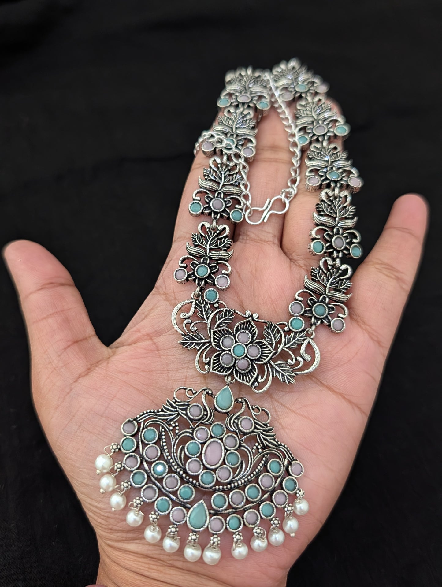 Pearl dangle Polki Oxidized Choker Set - Simpliful