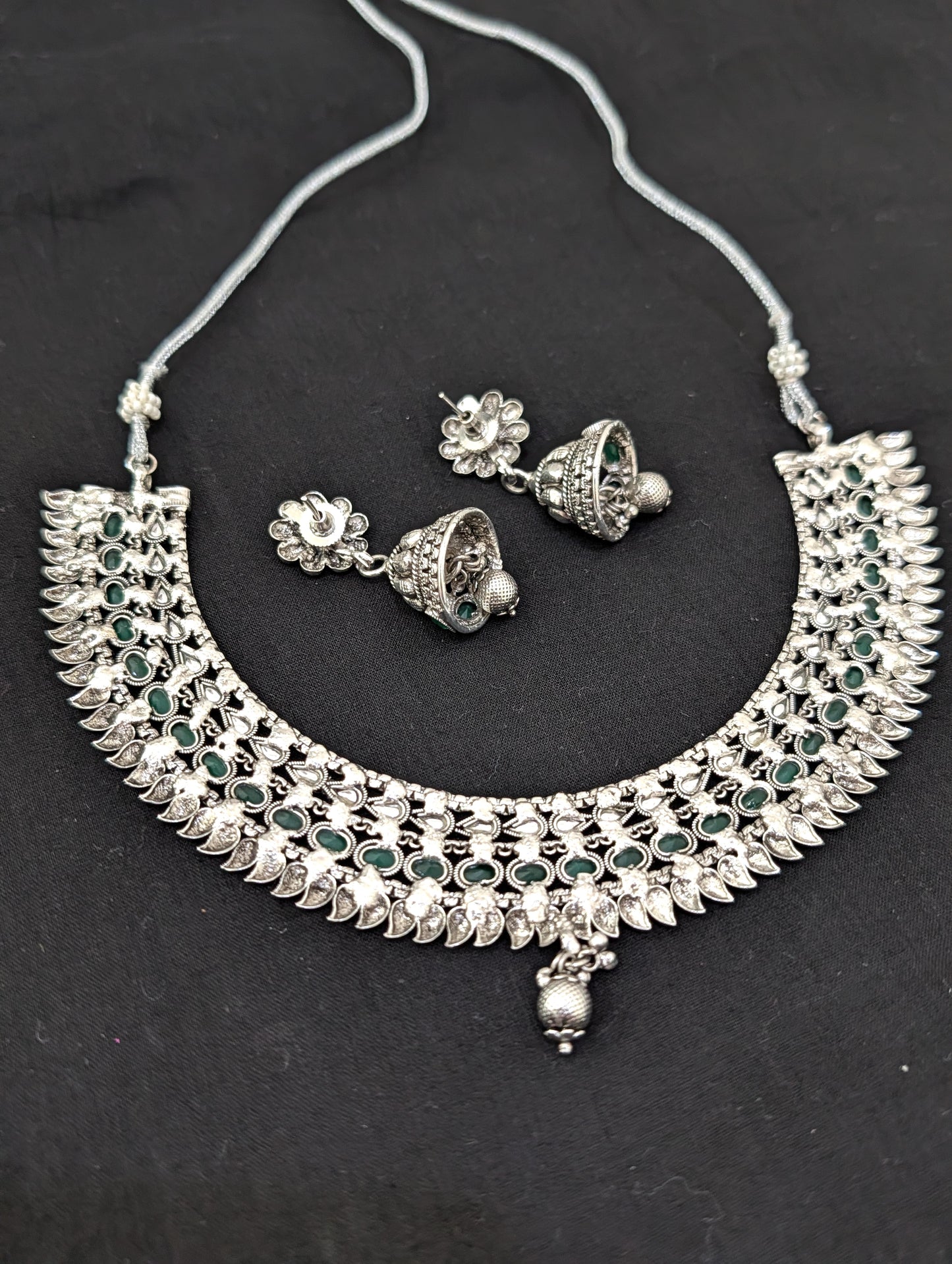 Oxidized silver Oval Polki stone choker Necklace set - Simpliful