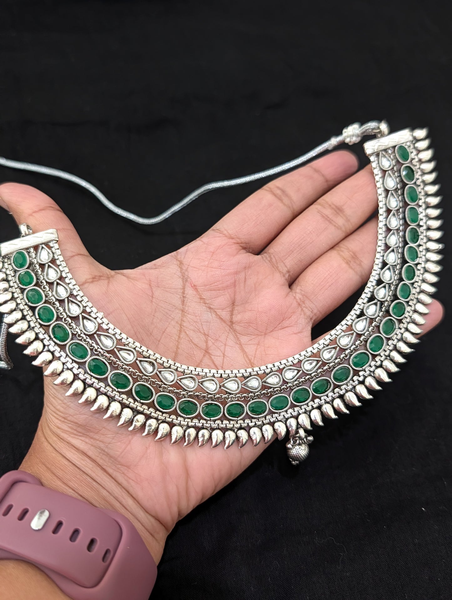 Oxidized silver Oval Polki stone choker Necklace set - Simpliful