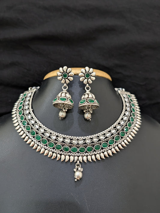 Oxidized silver Oval Polki stone choker Necklace set - Simpliful