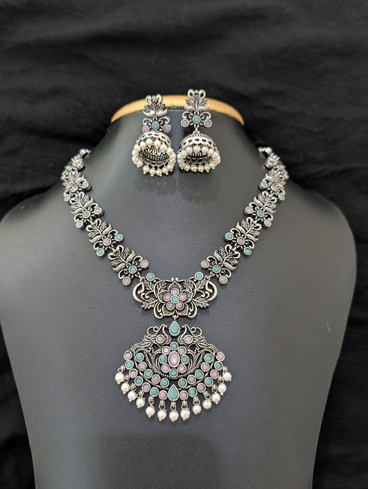 Pearl dangle Polki Oxidized Choker Set - Simpliful