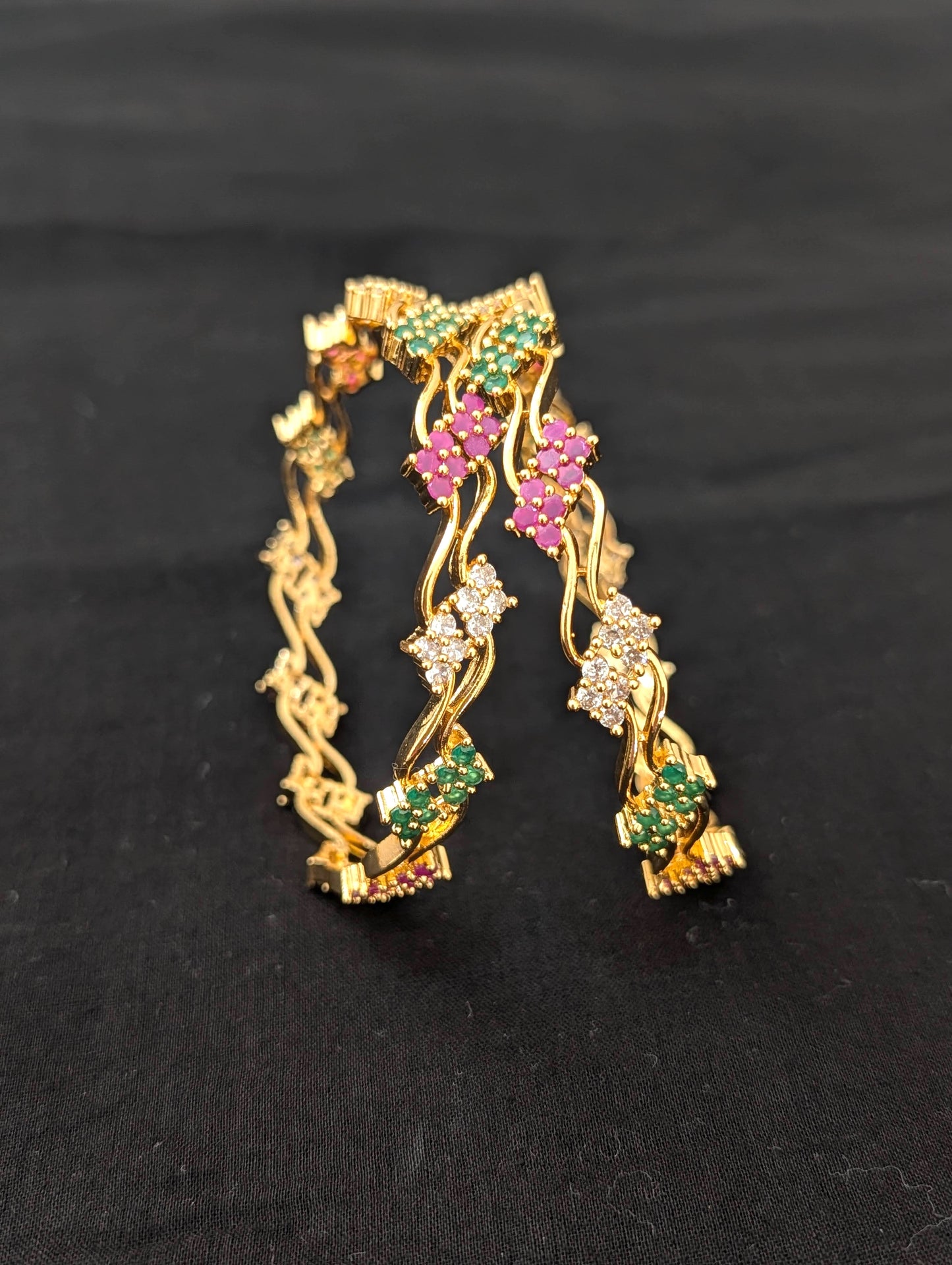 Dual line Curvy CZ one gram gold polished bangles - 2x8 size - Simpliful