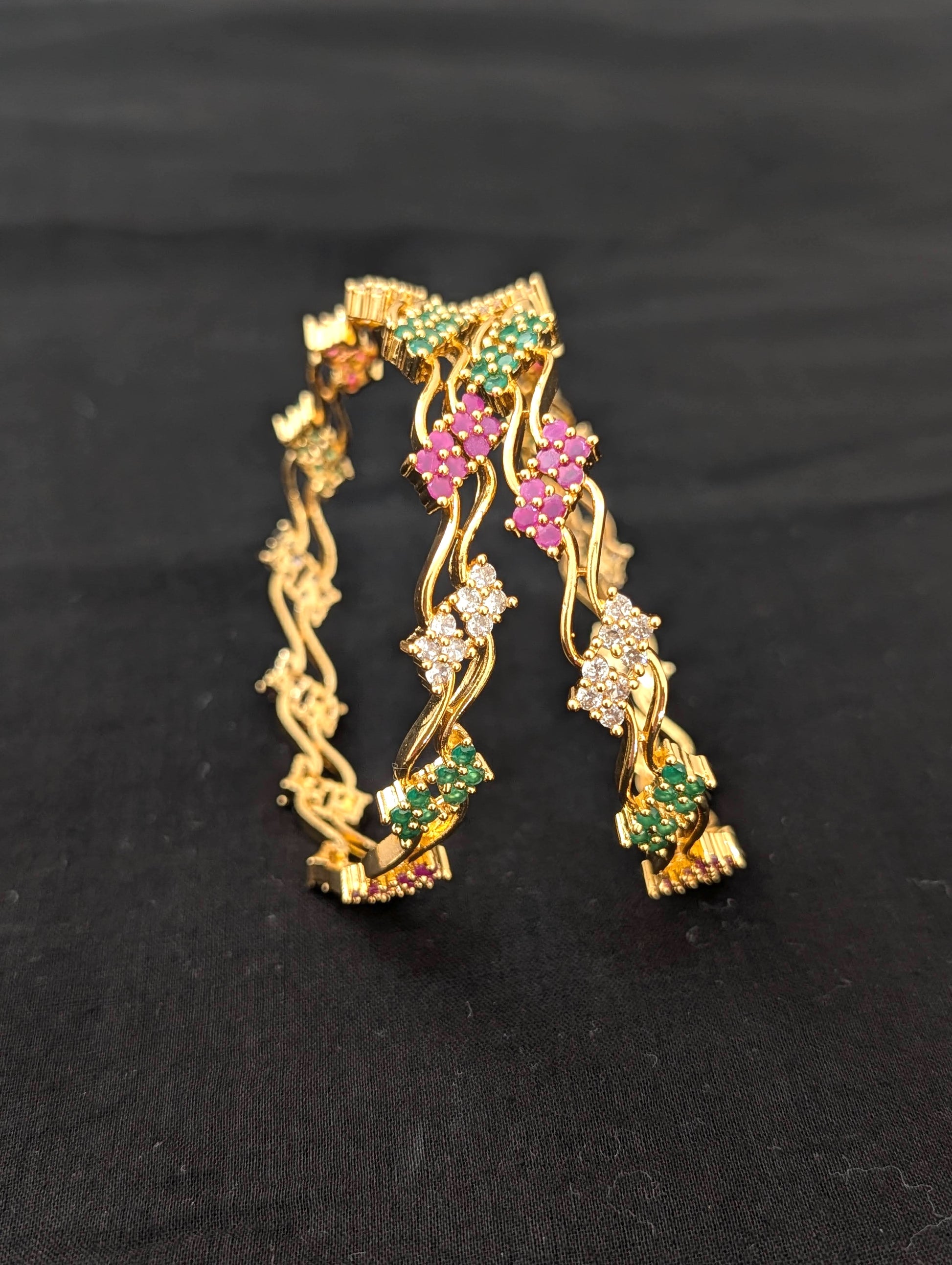 Dual line Curvy CZ one gram gold polished bangles - 2x8 size - Simpliful