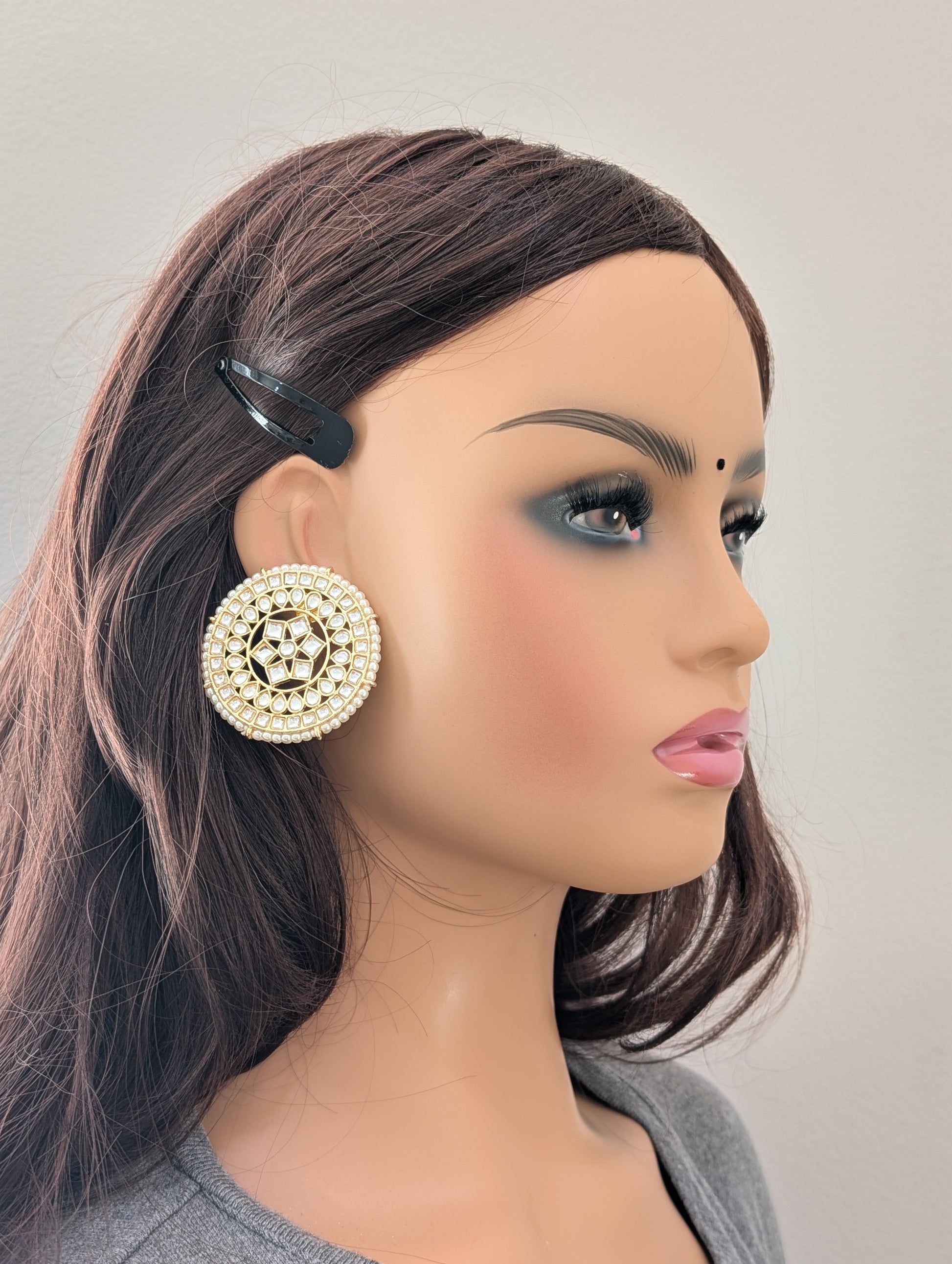 Glass kundan Large Round stud Earrings - Simpliful