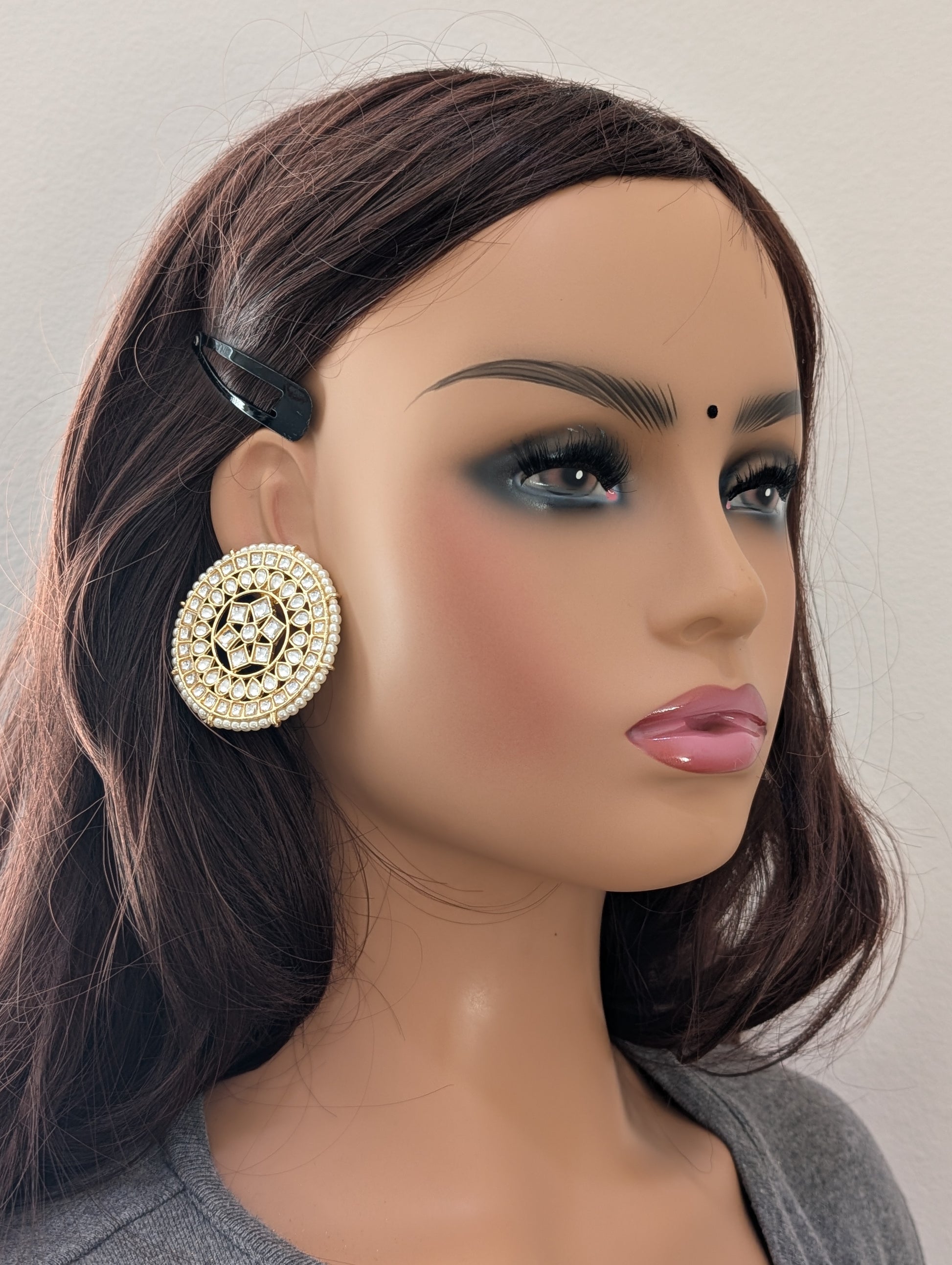 Glass kundan Large Round stud Earrings - Simpliful