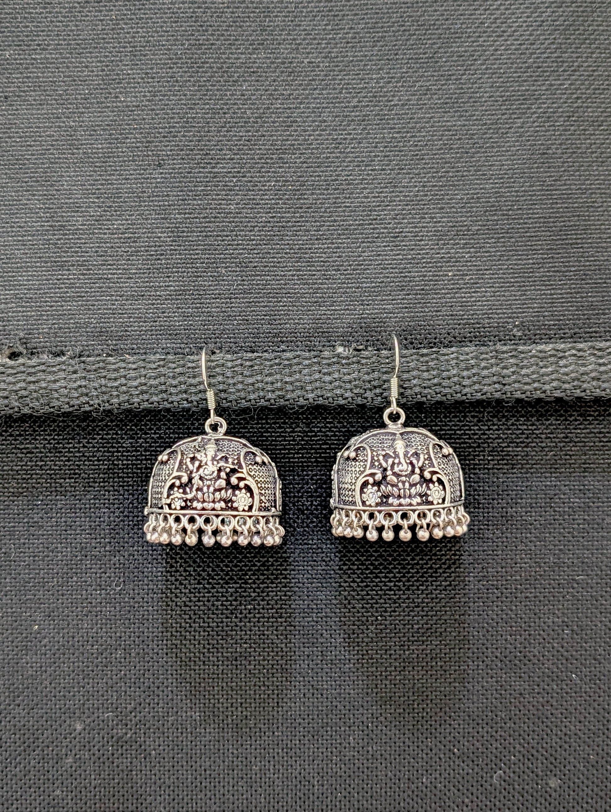 Oxidized silver Lord Ganseha hook drop jhumka earrings - Simpliful