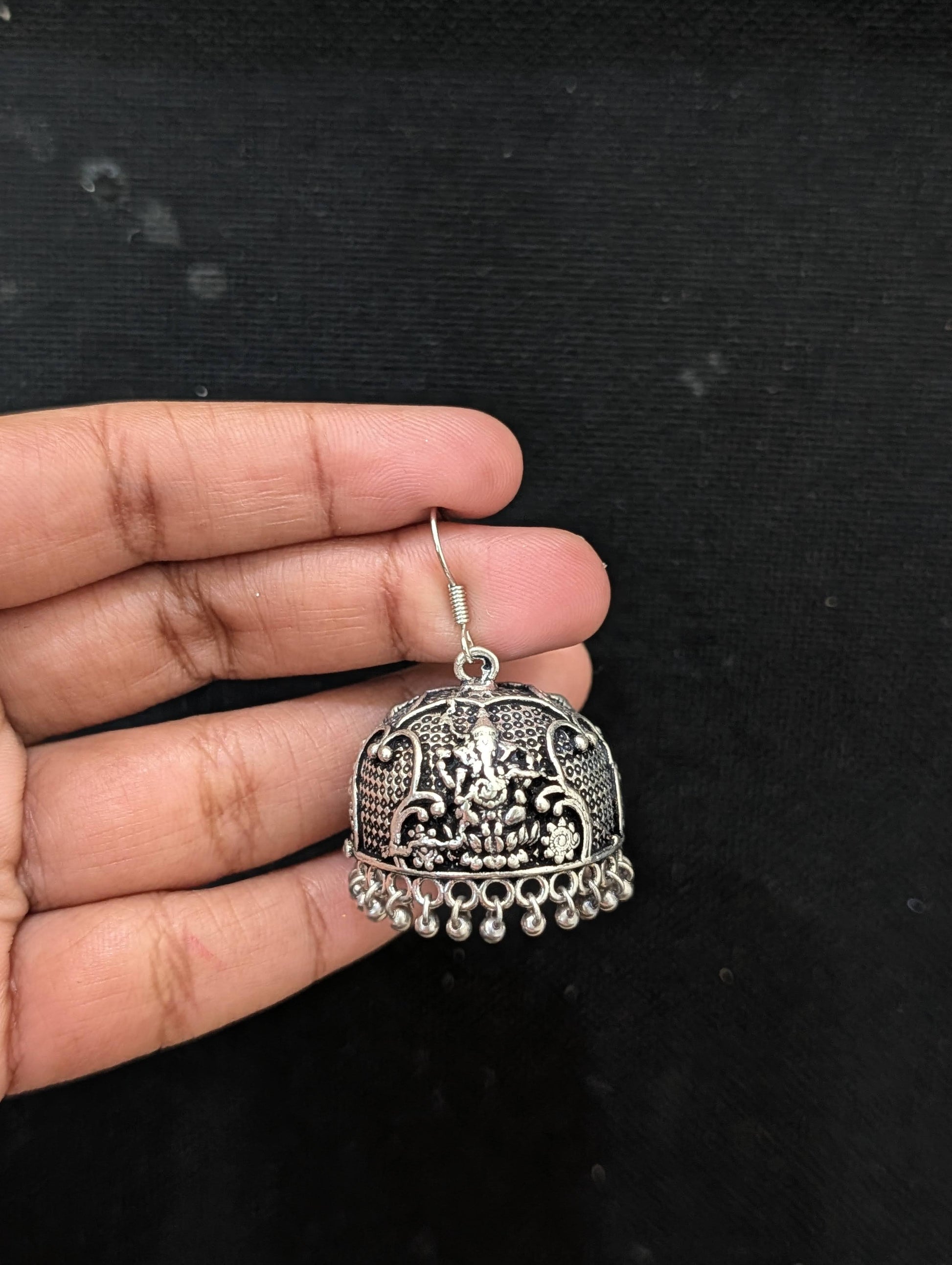 Oxidized silver Lord Ganseha hook drop jhumka earrings - Simpliful