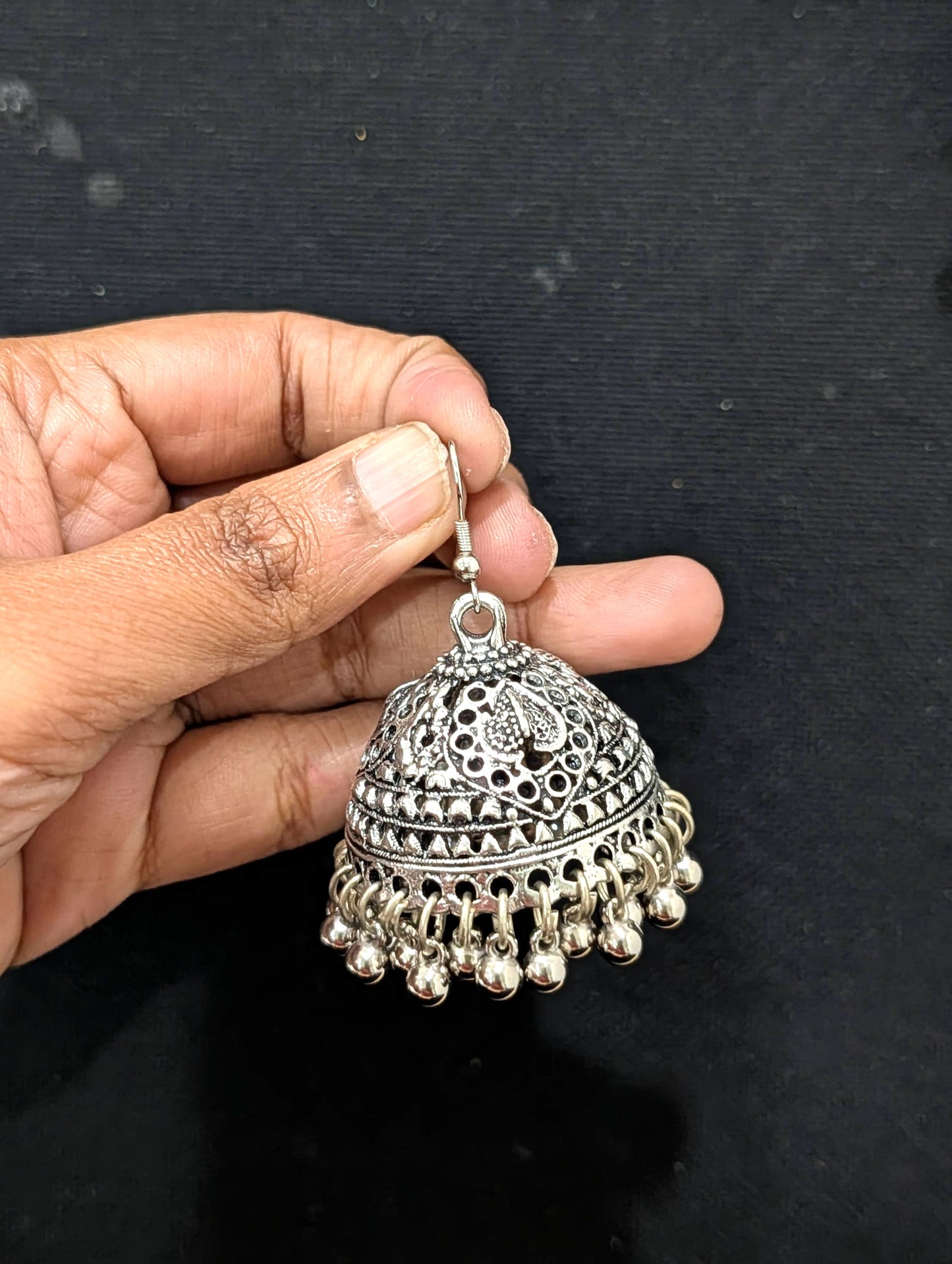 Oxidized Silver Large Jhumka Hook Earrings - Simpliful