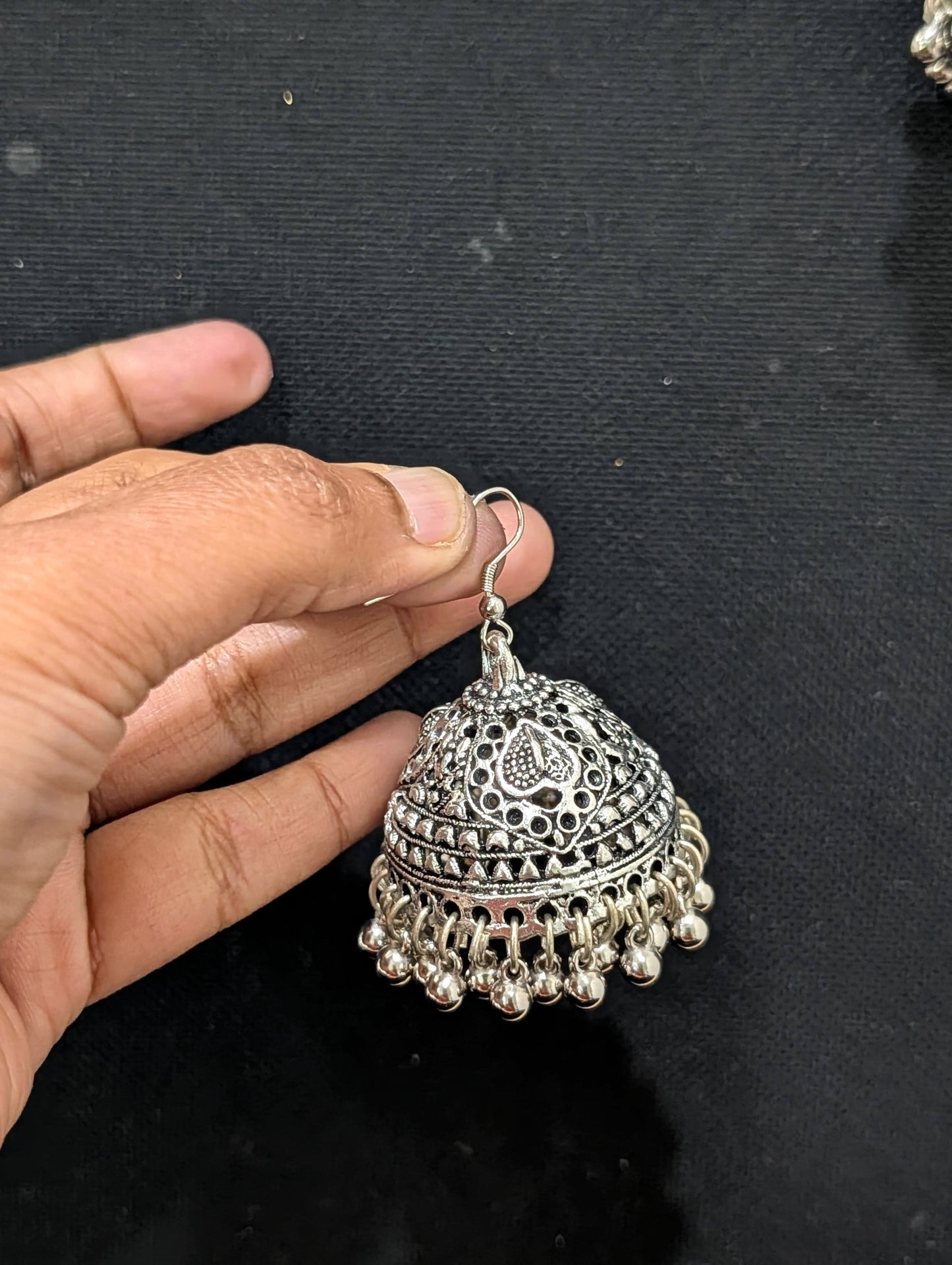 Oxidized Silver Large Jhumka Hook Earrings - Simpliful