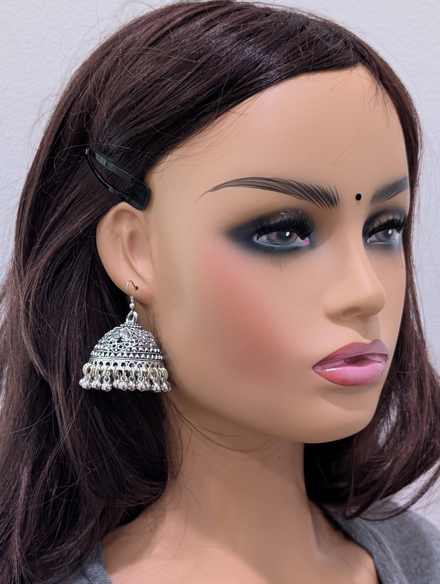 Oxidized Silver Large Jhumka Hook Earrings - Simpliful