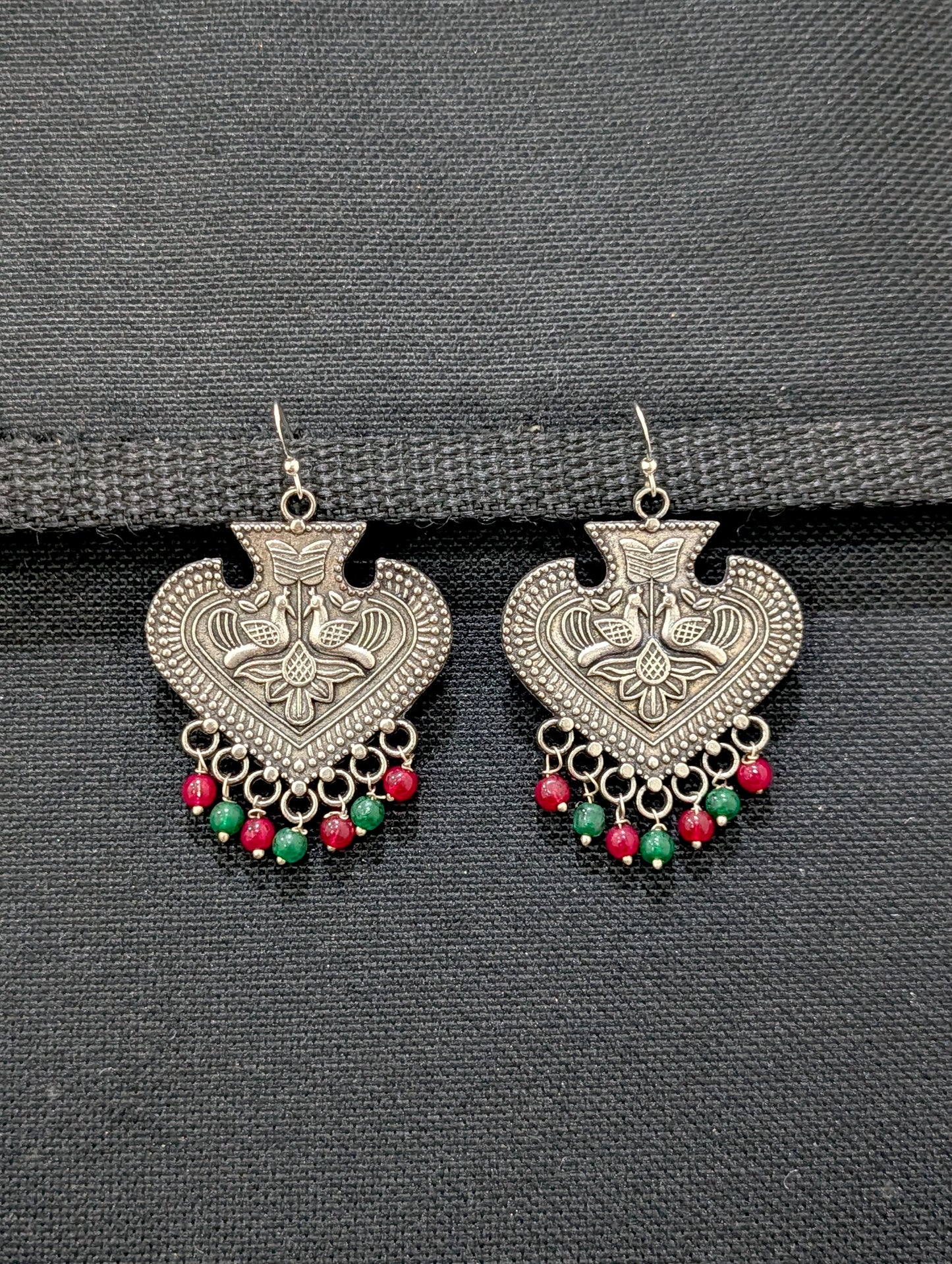 Oxidized Silver Peacock beaded Hook Earrings - Simpliful