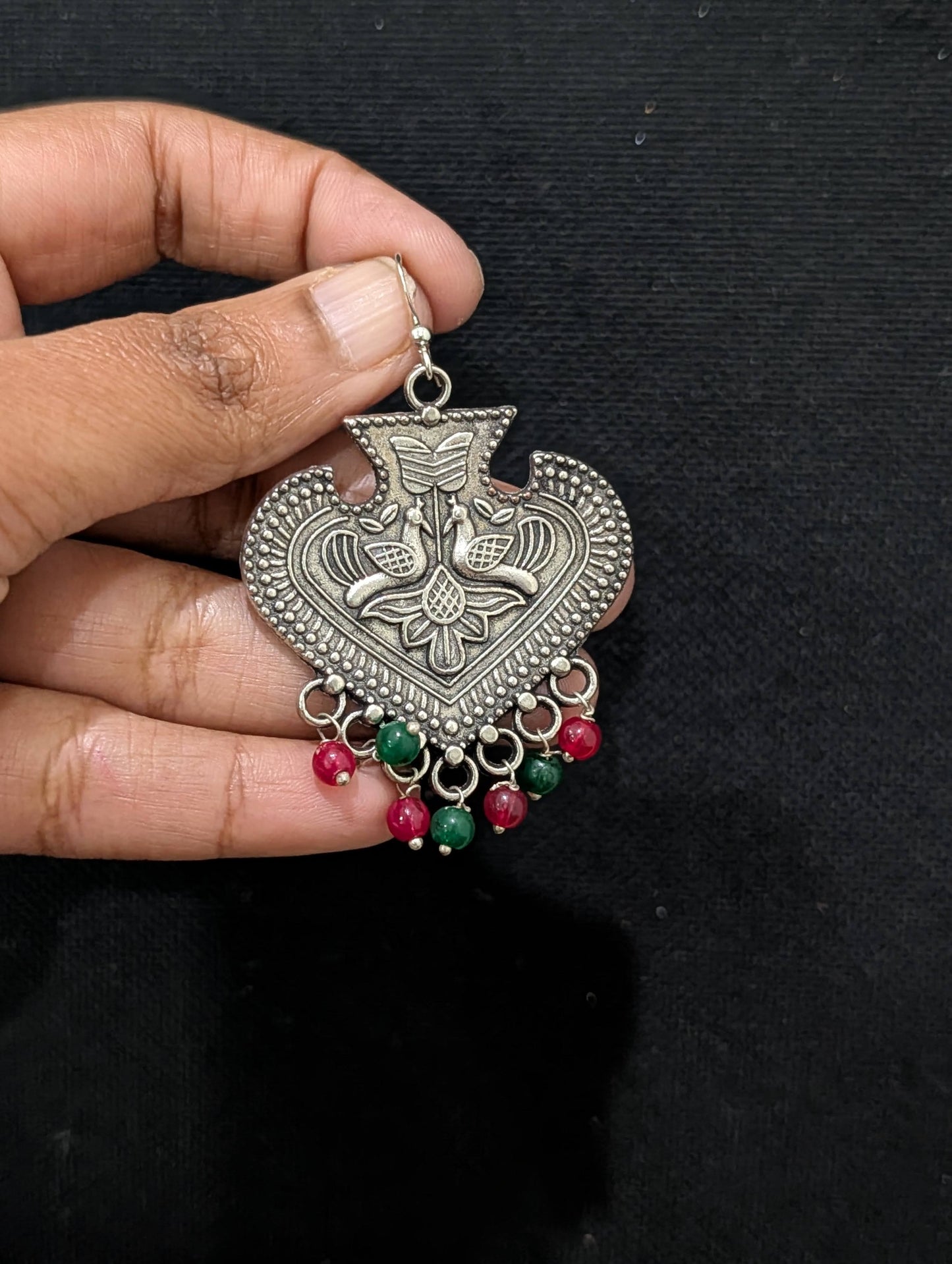 Oxidized Silver Peacock beaded Hook Earrings - Simpliful