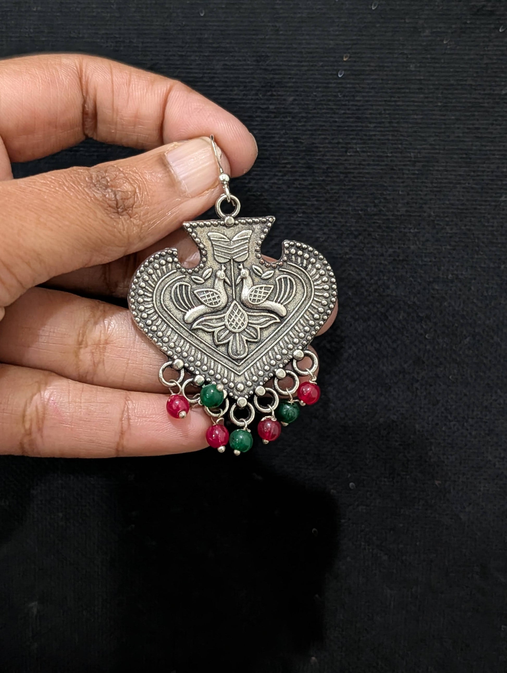 Oxidized Silver Peacock beaded Hook Earrings - Simpliful