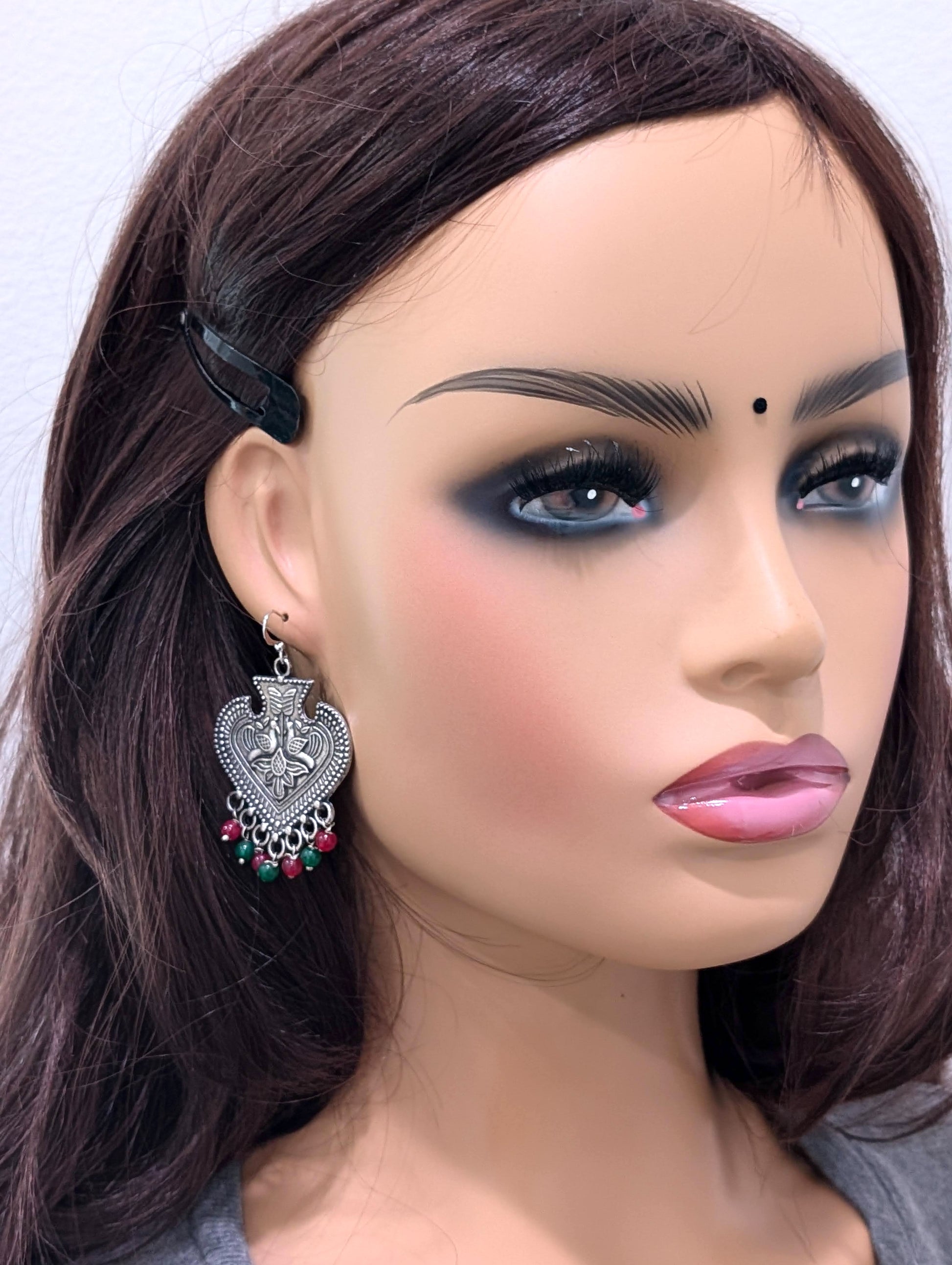 Oxidized Silver Peacock beaded Hook Earrings - Simpliful