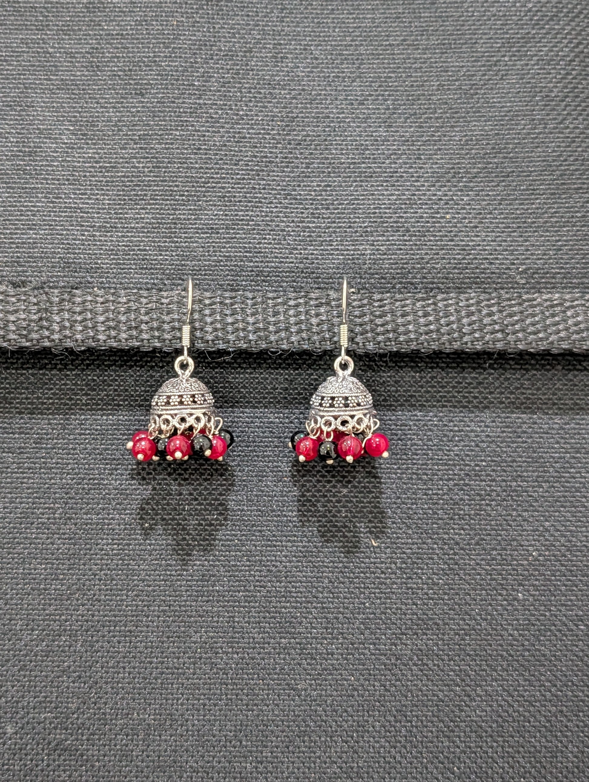 Oxidized silver mini beaded hook drop jhumka Earrings - Simpliful