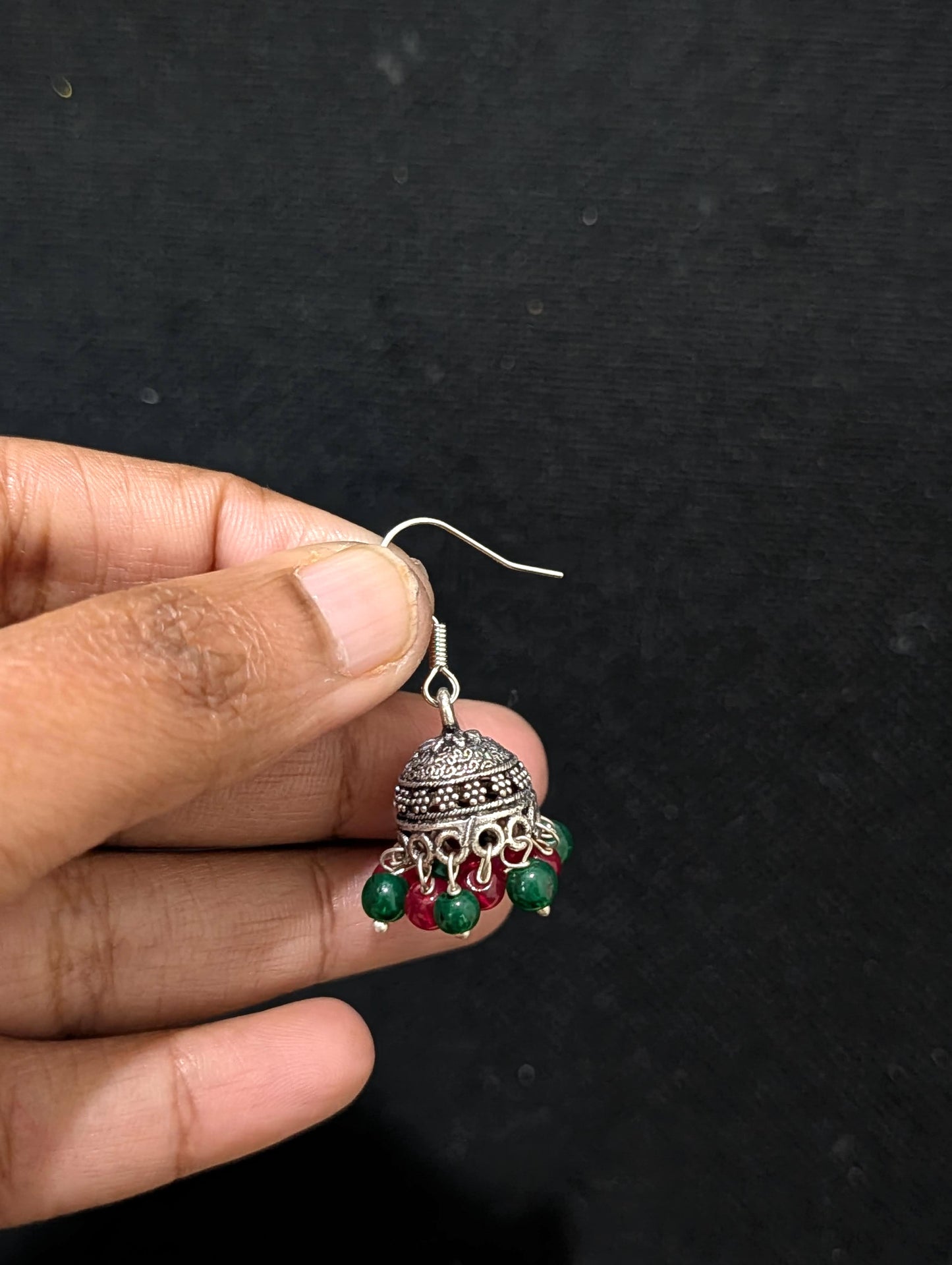 Oxidized silver mini beaded hook drop jhumka Earrings - Simpliful