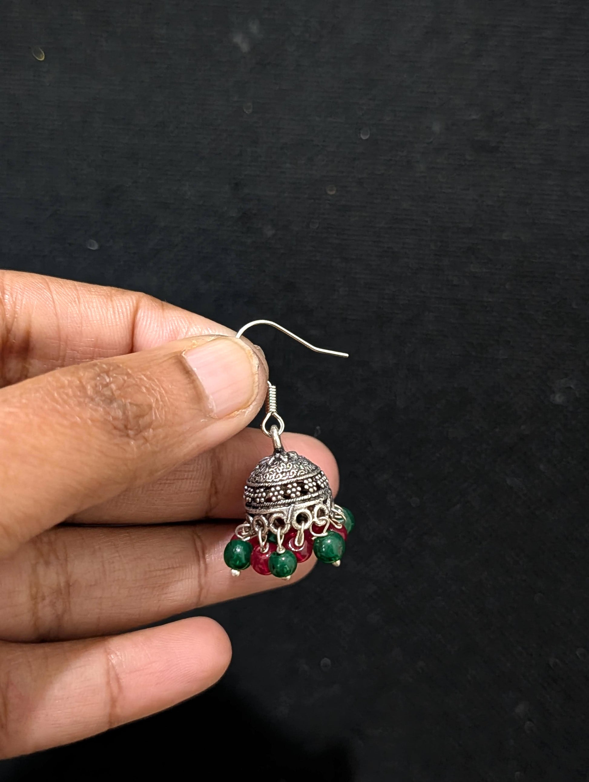 Oxidized silver mini beaded hook drop jhumka Earrings - Simpliful