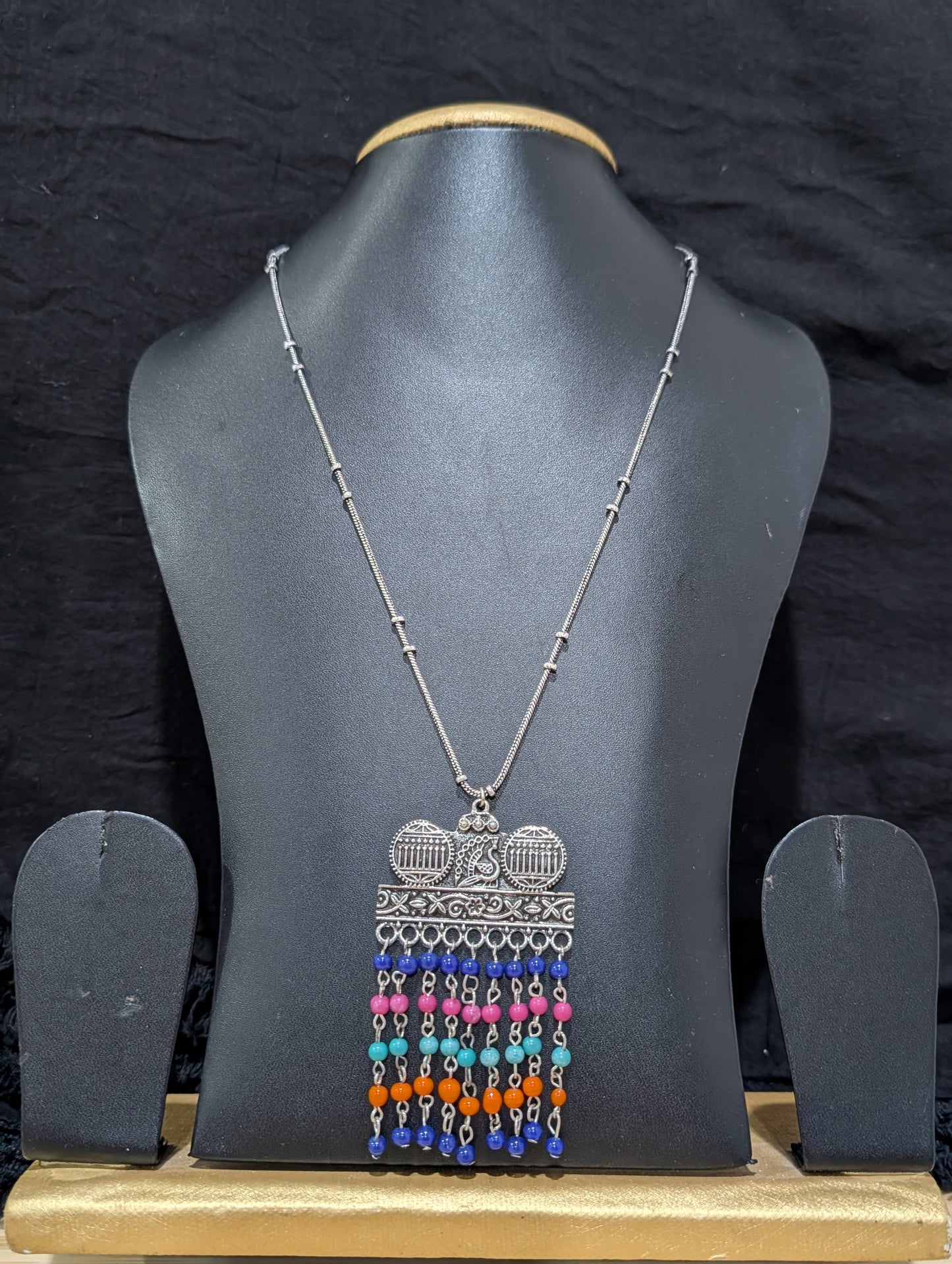 Oxidized Silver multi color bead dangle Pendant Necklace