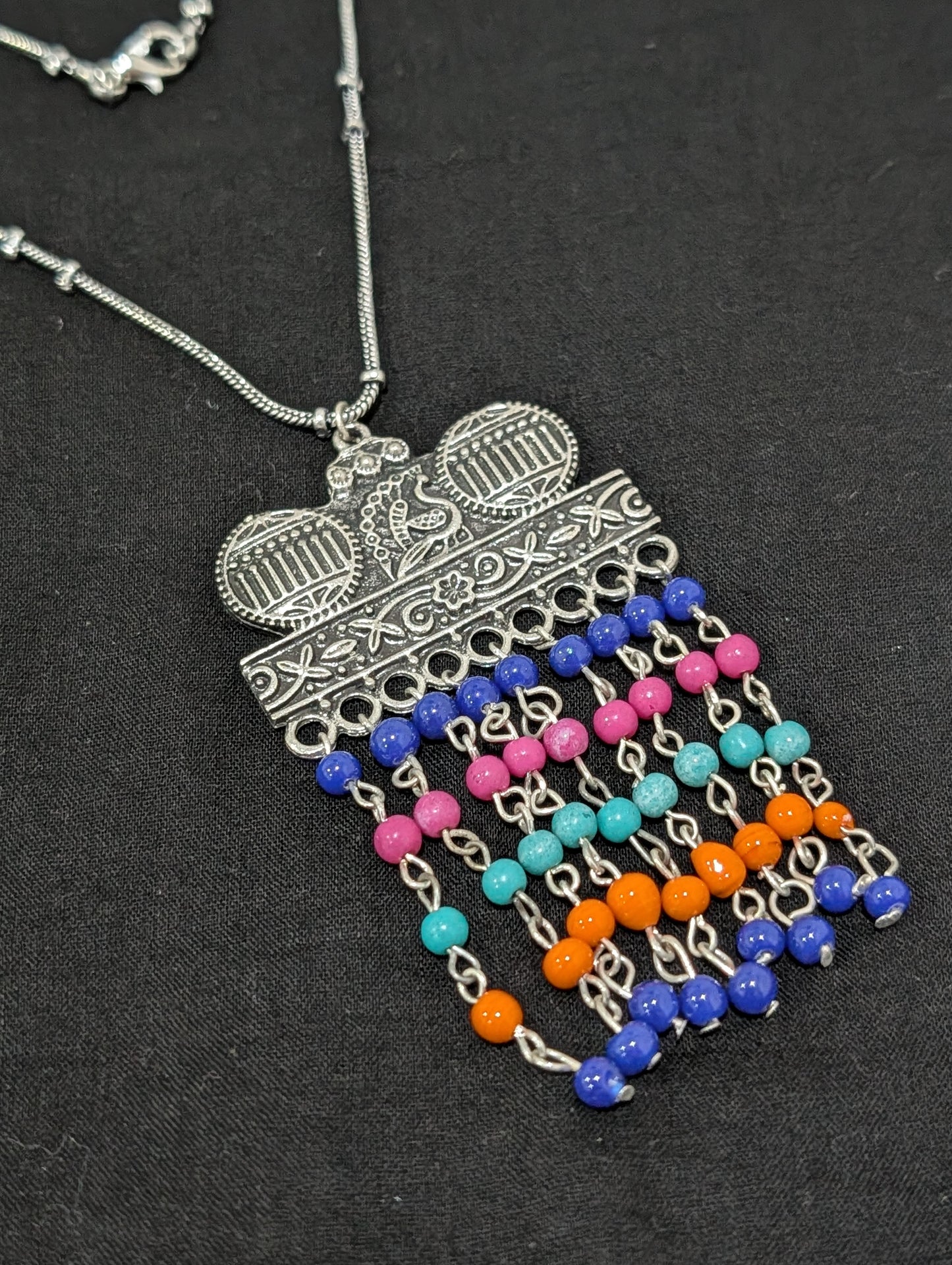 Oxidized Silver multi color bead dangle Pendant Necklace
