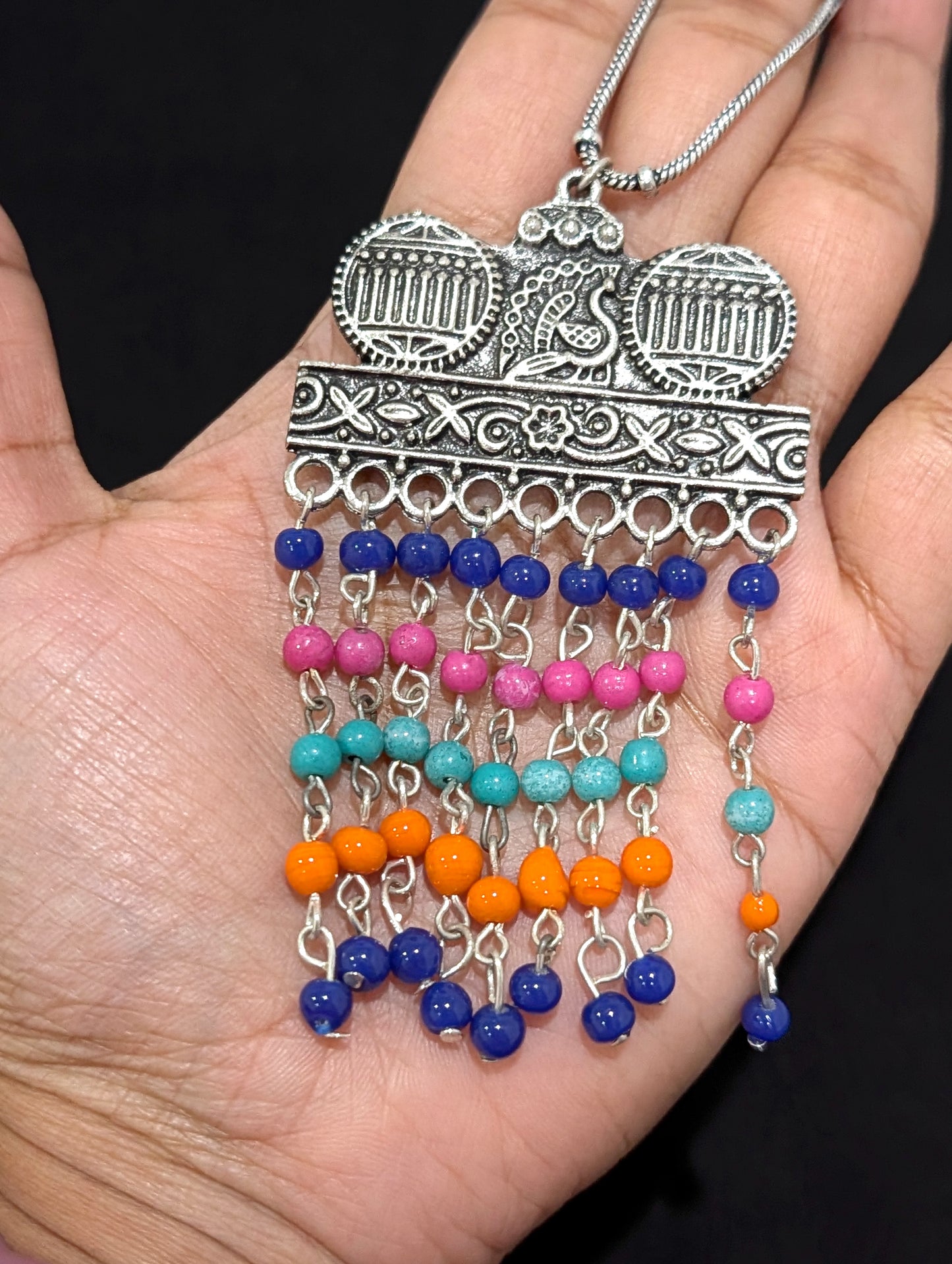 Oxidized Silver multi color bead dangle Pendant Necklace
