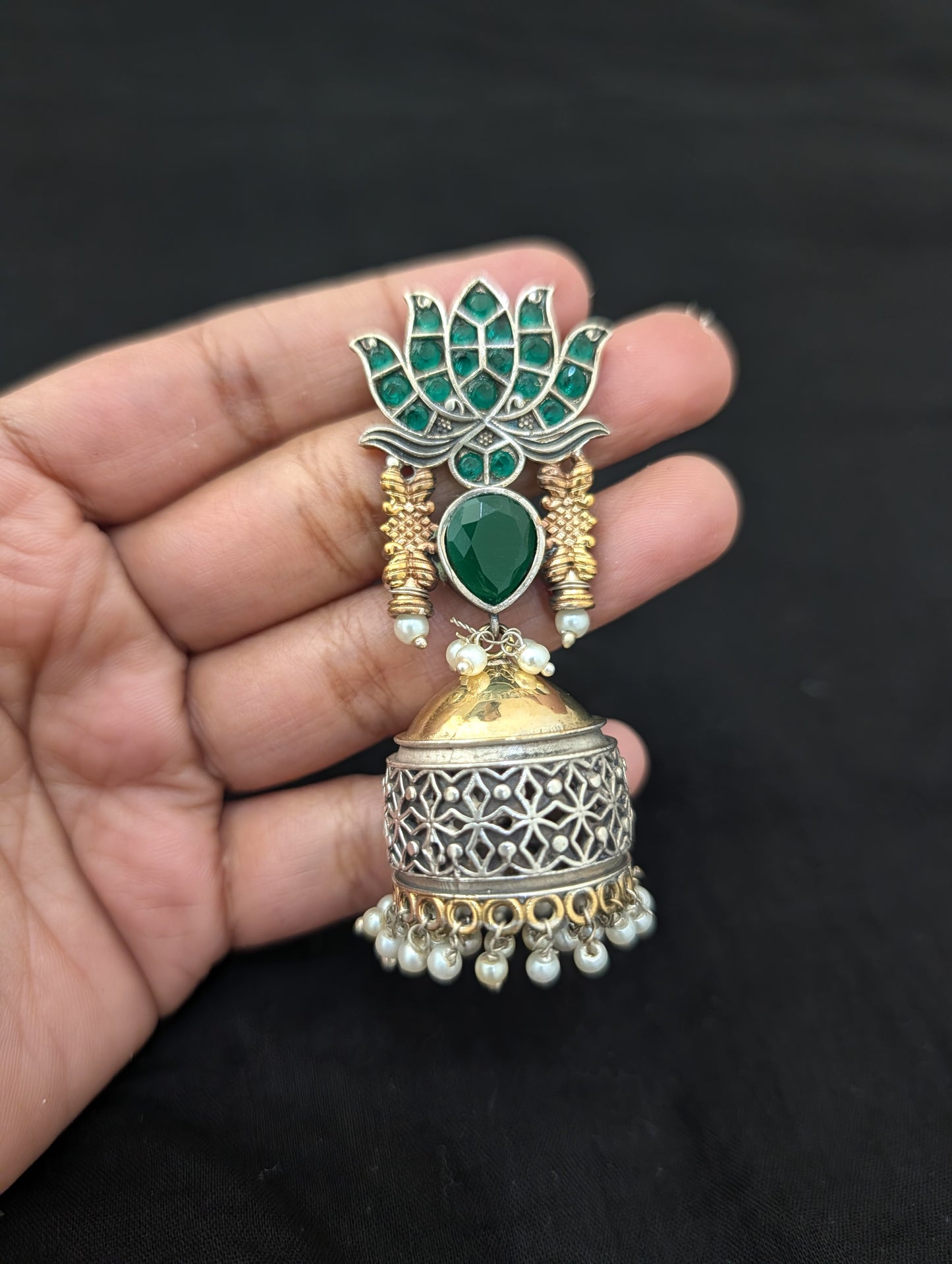 German Silver Dual Tone Lotus Jhumka Earrings