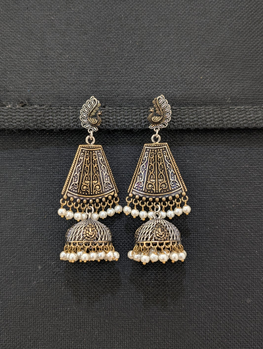 Lord Ganesh Dual tone Oxidized Silver Jhumka Earrings - Simpliful