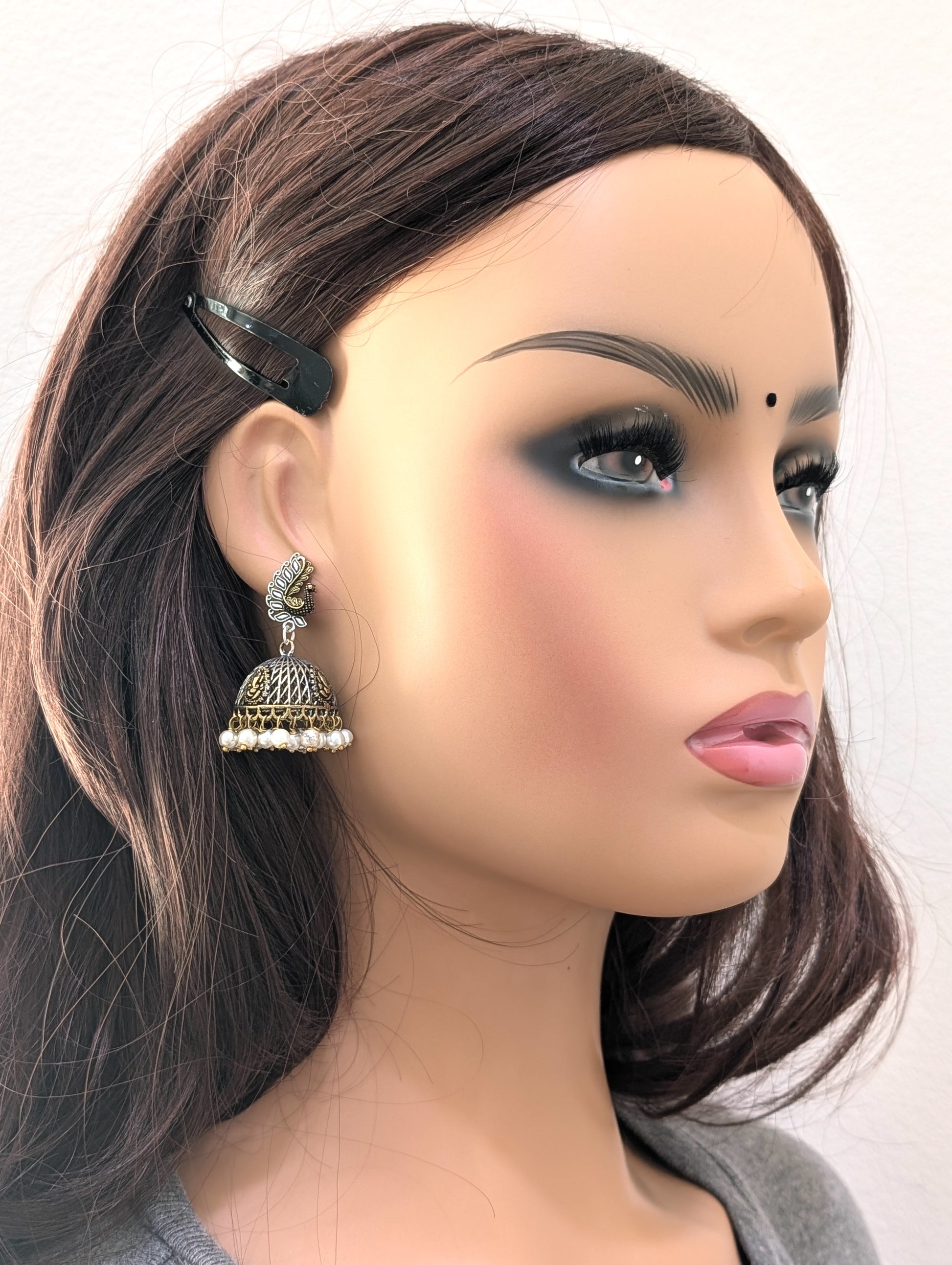 Peacock Ganesh ji dual tone oxidized silver jhumka earrings - Simpliful